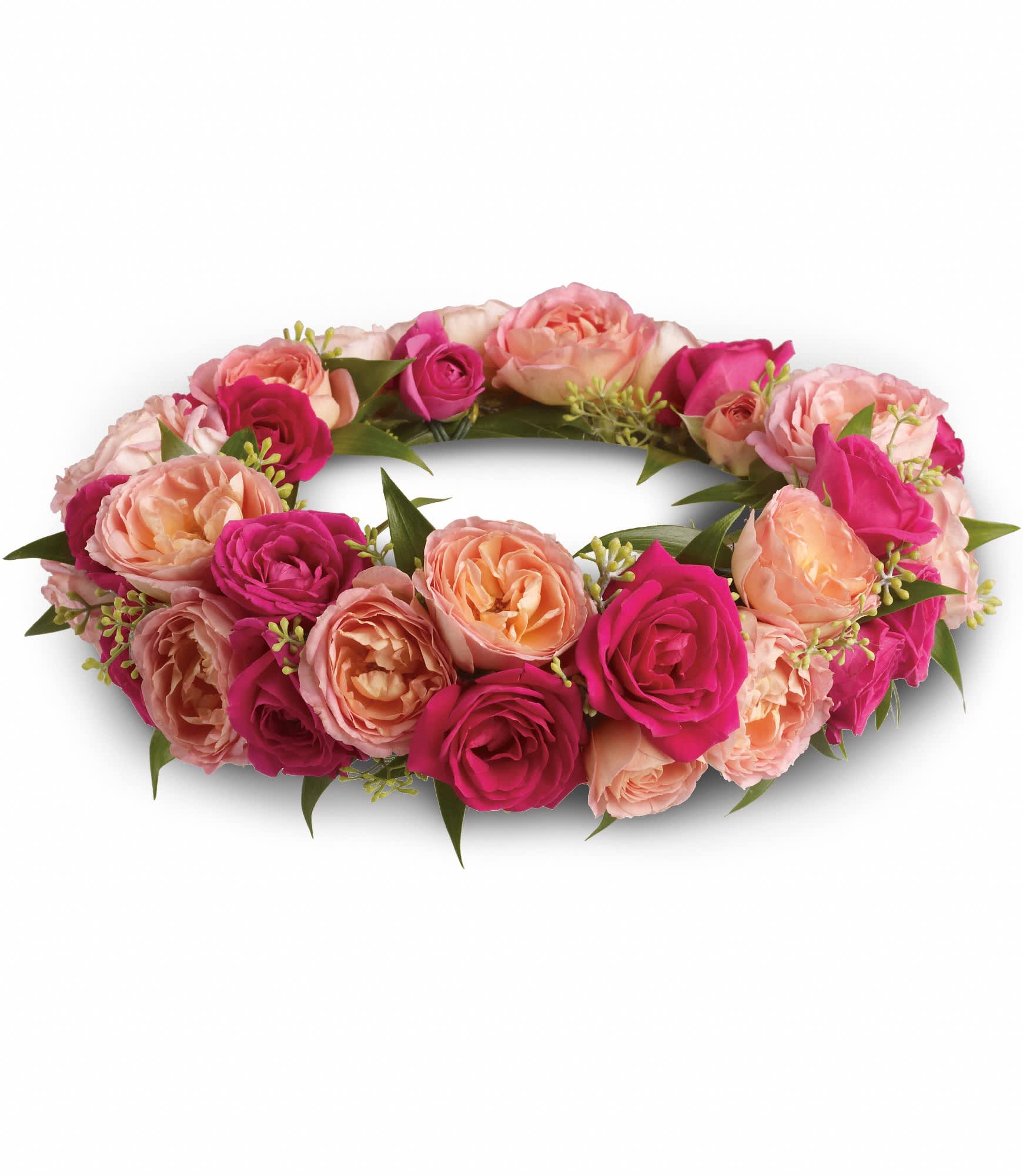 Queen's Garden Crown - She'll feel like royalty in this gorgeous crown of pink roses.    A crown of pink and hot pink roses with accents of seeded eucalyptus and Italian ruscus.    Approximately 25" W x 3 1/2" H    Orientation: N/A    As Shown : T193-5A