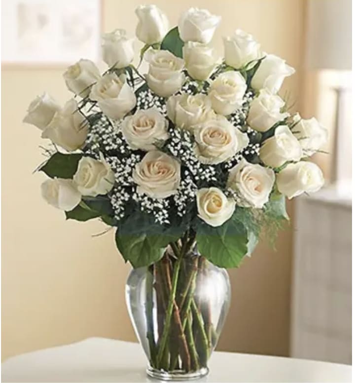 Two Dozen White Roses - Two dozen gorgeous white roses are the perfect romantic gift to send to the one who's always on your mind and in your heart.