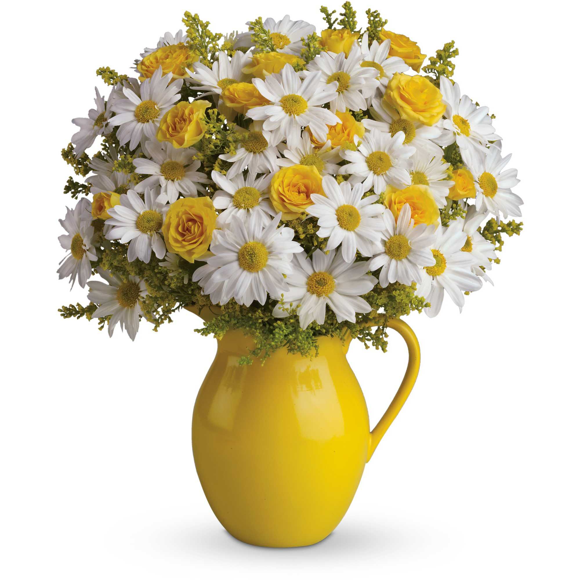 Sunny Day Pitcher of Daisies Deluxe - Picture someone receiving this sunny pitcher of daisies! It's so bright and full of warmth, it's guaranteed to make them smile. Besides being the perfect bouquet for any occasion, the dazzling yellow ceramic pitcher can be used and enjoyed for years to come. 
