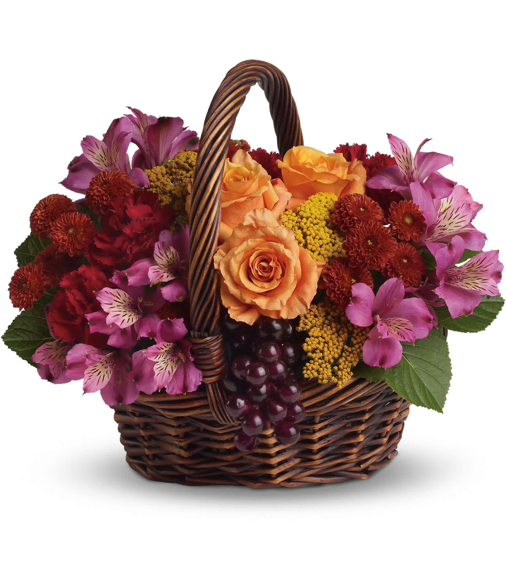 Sending Joy - Know anyone who would really appreciate a basketful of joy right now? Send love and flowers with this beautiful array of fantastic fall flowers.    The basket overflows with orange roses and spray roses, maroon carnations, purple alstroemeria, burgundy button spray chrysanthemums, yarrow and even a bunch of grapes (not real, of course)!    Approximately 13 3/4" W x 11 3/4" H    Orientation: All-Around    As Shown : T173-3A  Deluxe : T173-3B  Premium : T173-3C