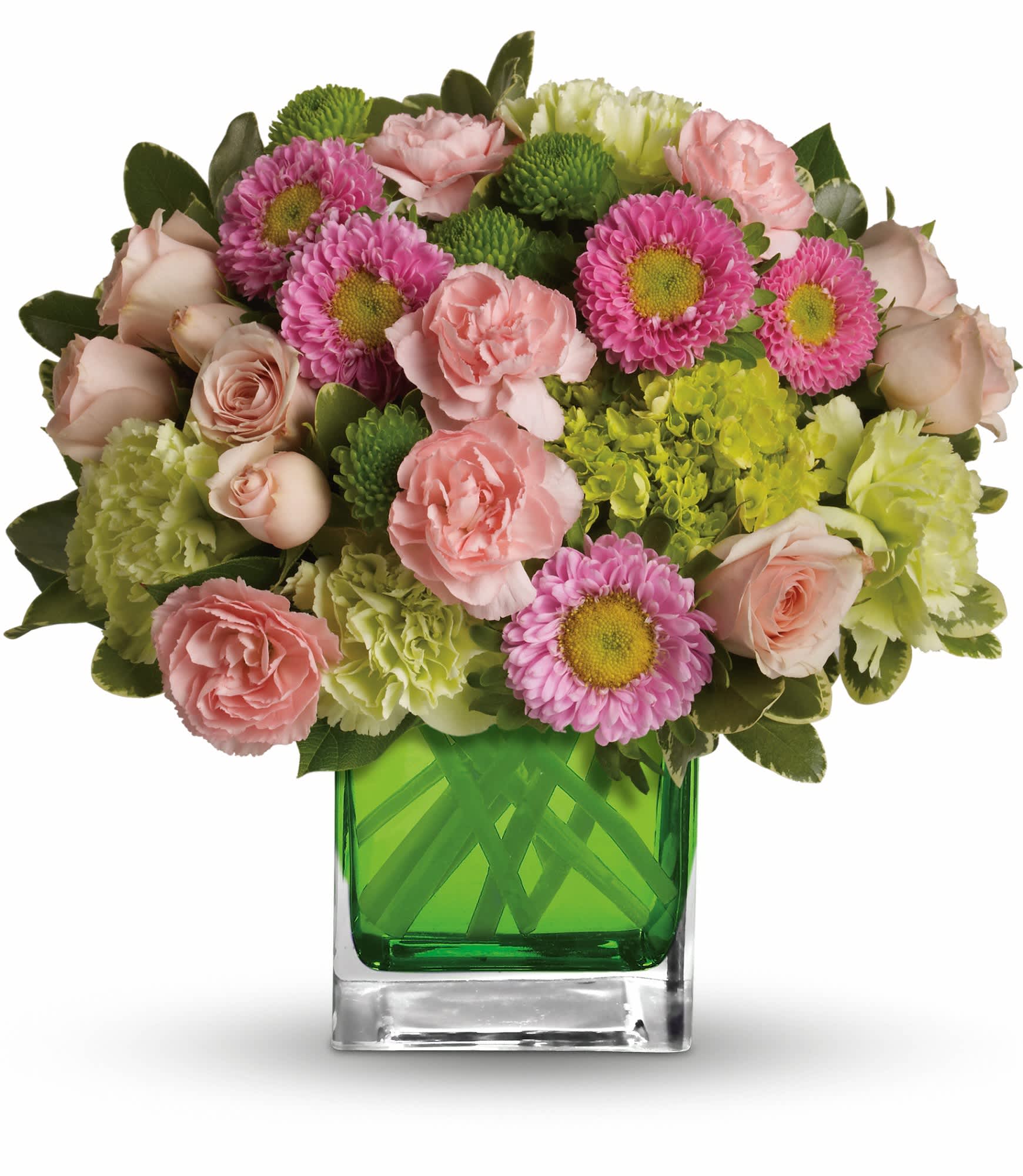 Make Her Day by Teleflora - Sweetly sophisticated, this arrangement of green miniature hydrangea and light pink spray roses presented in our citrus green glass cube is the perfect gift.