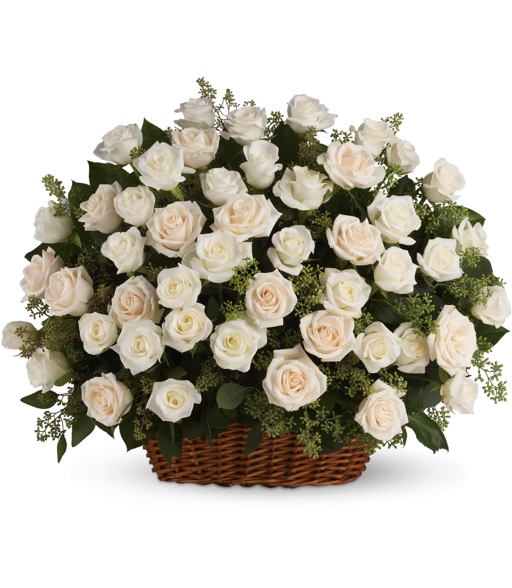 Bountiful Rose Basket - A beautiful, bountiful basket of luminous white roses that feels so fresh, natural, and welcomed in a home or at a service. 