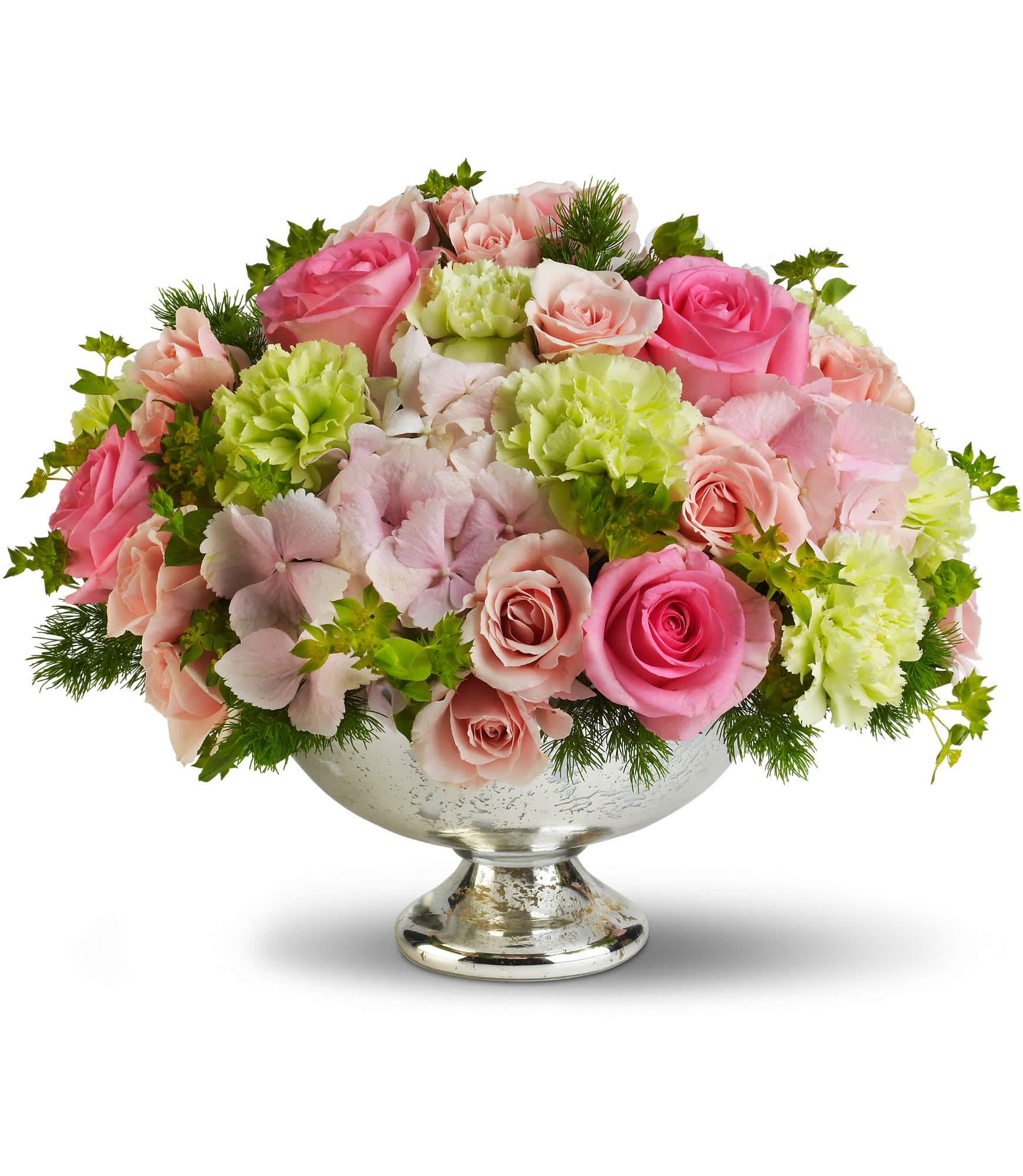 Garden Rhapsody Centerpiece  - Bridal shower? Baby shower? Afternoon wedding? Add an elegantly girly touch to any of them with this stylish mix of pinks and greens. Presented in a classic Mercury Glass Vase, it's where trendy meets traditional!  Pink hydrangea, light pink and pink roses, green carnations, ming fern and bupleurum are artfully arranged in a Mercury Glass Bowl.  Approximately 13" W x 10 1/4" H  Orientation: All-Around      As Shown : T191-3A  