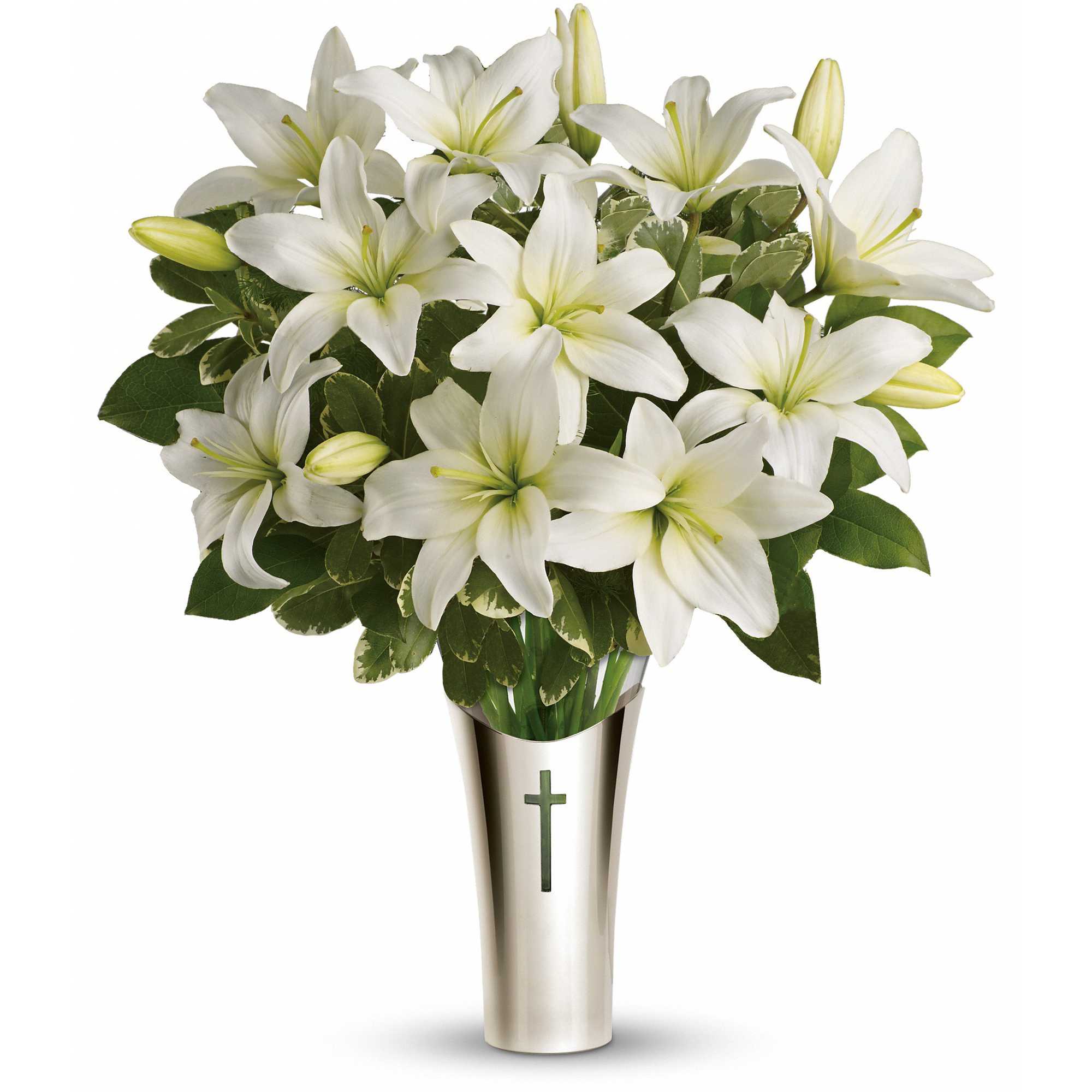 Sacred Cross Bouquet - Celebrate the joy of Easter with this lovely gift. White asiatic lilies are glorious in a stunning glass vase inside a silver-plated sleeve graced with a beautiful cross motif. This elegantly contemporary keepsake is a reminder that Easter is a time of constant renewal. 