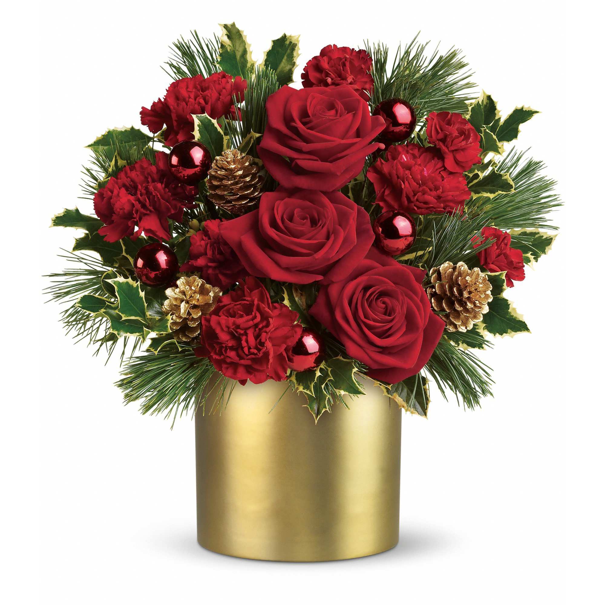 Holiday Elegance - Add a little Couture to Christmas this year! Your family and friends will think you're golden when you send them this stylish holiday arrangement.  Stunning red roses and carnations, holly, pinecones and shiny red ornament balls are perfectly arranged in a satiny gold cylinder vase . It's a 24-karat gift!  Approximately 13 1/2" W x 14 1/2" H  Orientation: One-Sided  As Shown : T115-1A Deluxe : T115-1B Premium : T115-1C