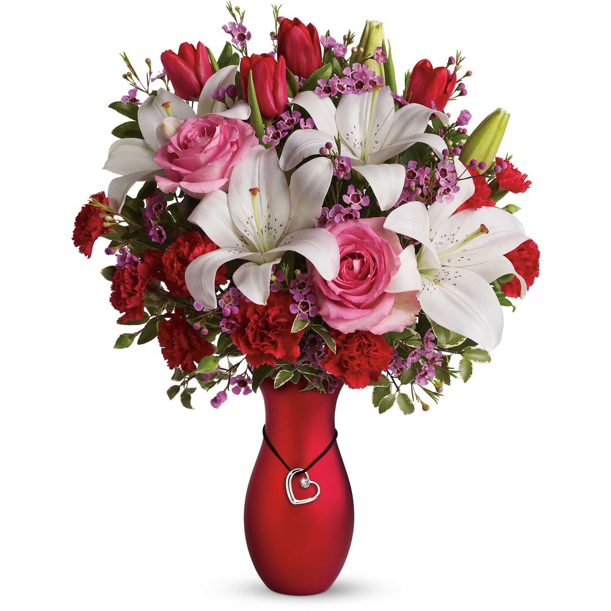 My Heart Is Yours Bouquet  - Be the object of her affections! This gorgeous bouquet of pink roses and white asiatic lilies is arranged in a lustrous red ceramic vase, featuring a silver-plated heart pendant with a 1-carat SWAROVSKIÂ® ELEMENTS crystal! It's a gift sure to delight! 