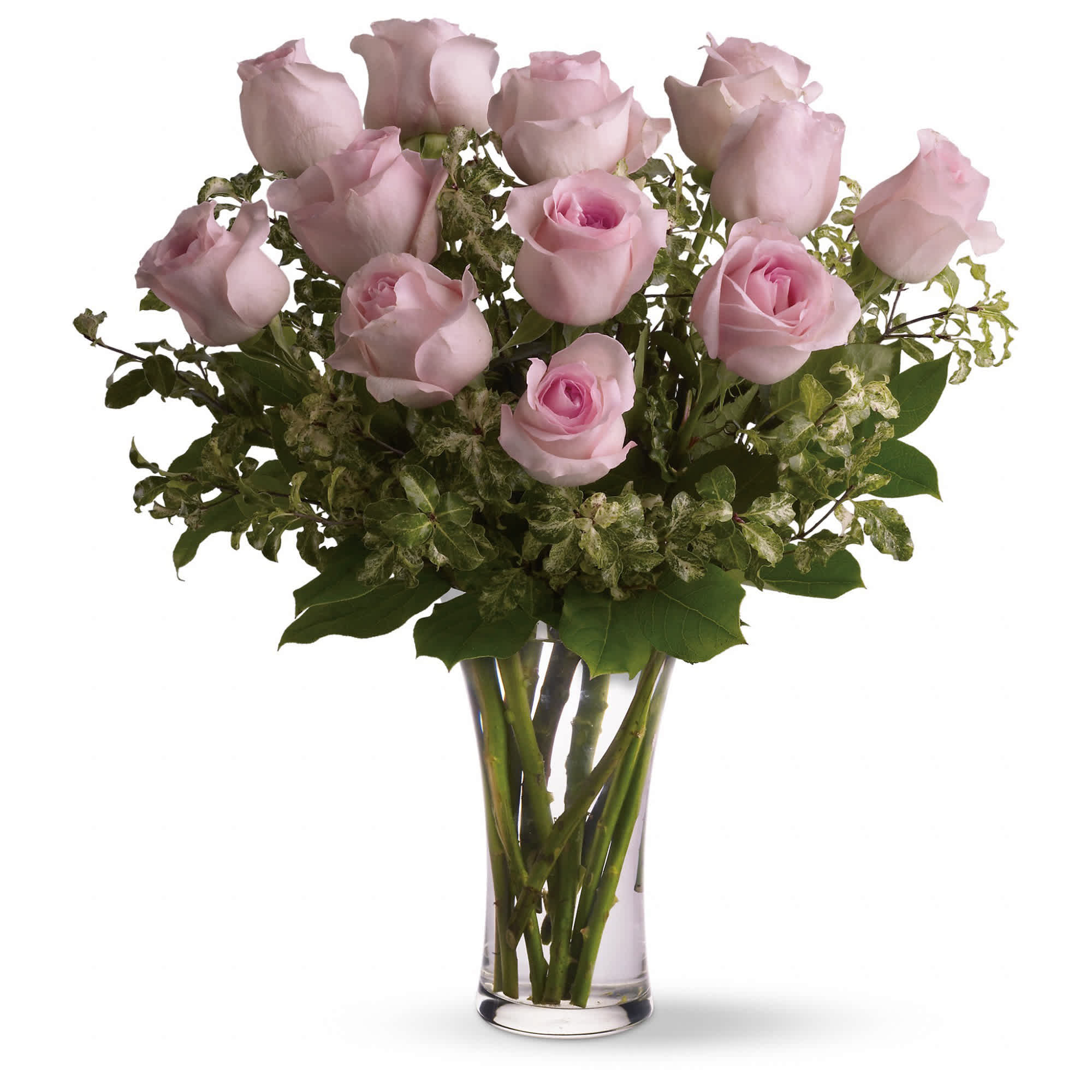A Dozen Pink Roses - Pretty, pink and perfect. There's nothing like long-stemmed pink roses to show your affection.  A dozen pink roses with variegated pittosporum and salal in a beautiful glass vase.   Approximately 21" W x 25" H  Orientation: All-Around  As Shown : TF33-1