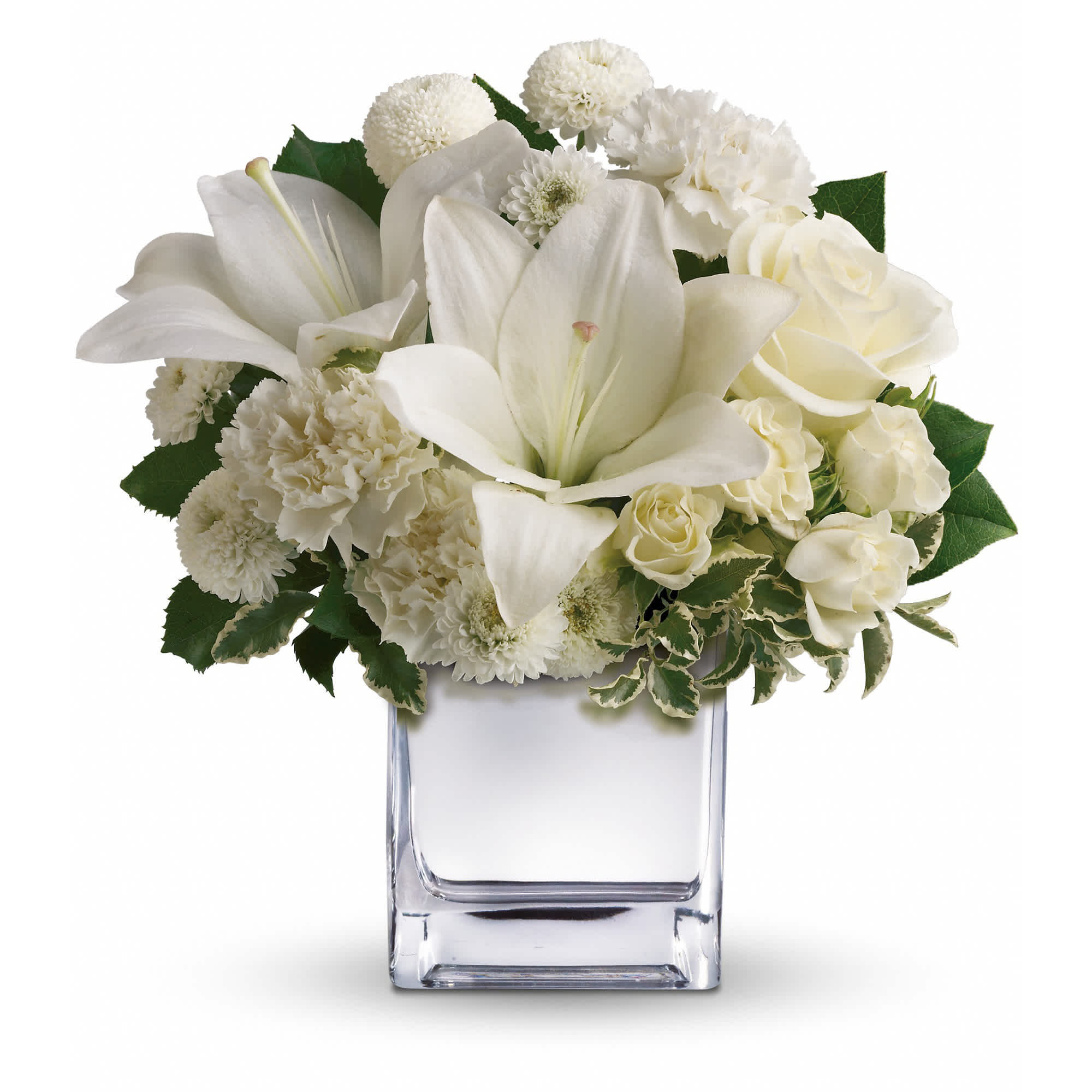 Peace &amp; Joy Bouquet - Surprise a faraway friend with this elegant array of Christmas flowers. White roses, lilies and other favorites are displayed in a chic mirrored silver cube. Simple and affordable, it is a lovely gift that will brighten spirits without breaking your bank.  The elegant holiday bouquet includes white roses, white Asiatic lilies, white carnations and white button spray chrysanthemums accented with assorted greenery.  Approximately 11" W x 11 1/2" H  Orientation: All-Around  As Shown : T408-2A Deluxe : T408-2B Premium : T408-2C