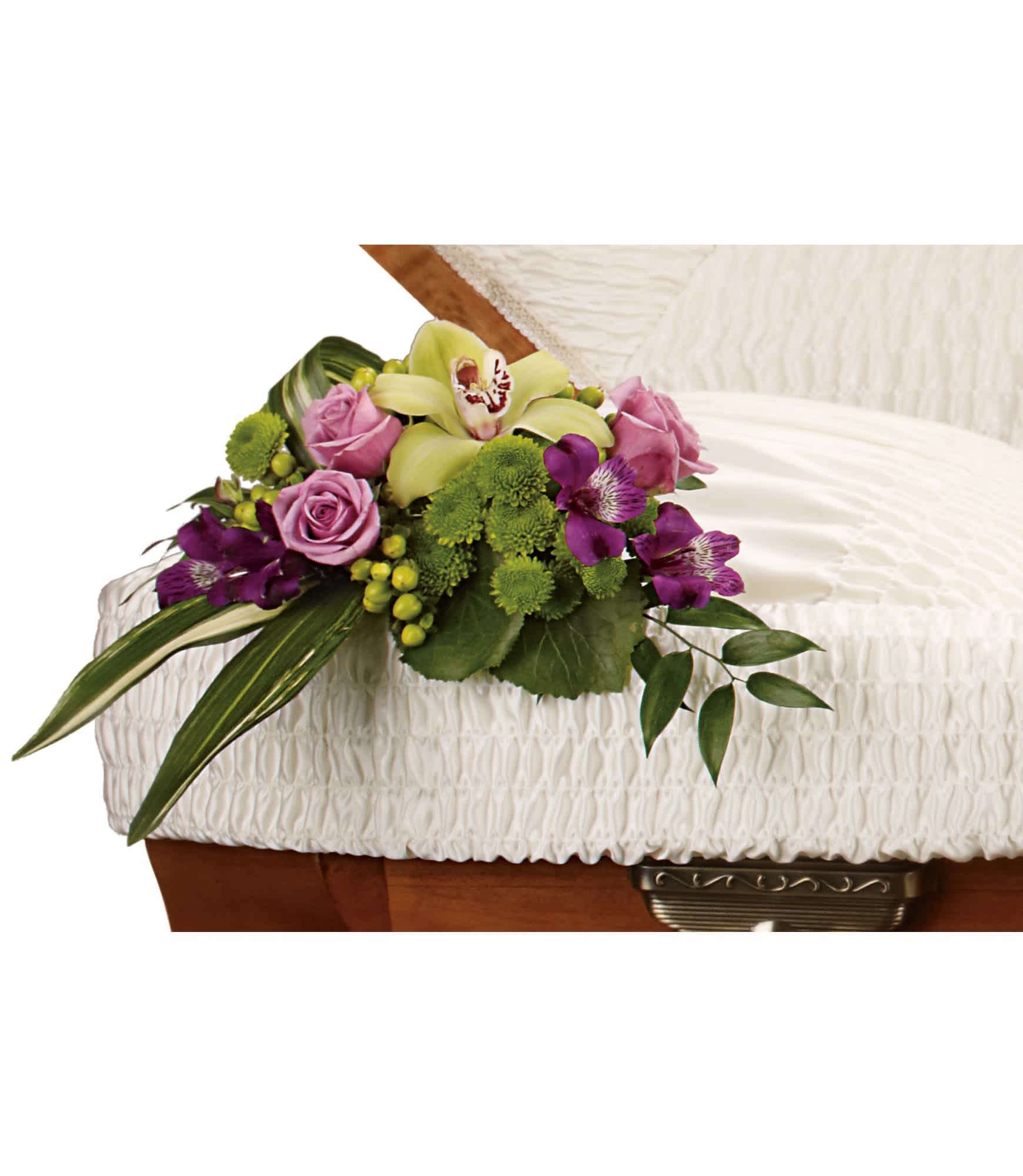 Dearest One Casket Insert - A stunning bouquet featuring lavender roses and a green orchid placed inside the casket is a tender and very personal tribute. 