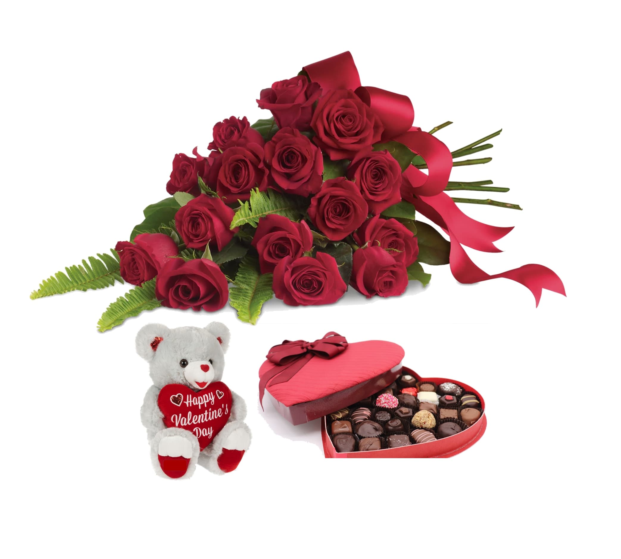 Rose Bouquet Gift Set - An elegant all-red rose bouquet hand-tied with satin ribbon along with a small plush bear and assorted chocolates. 