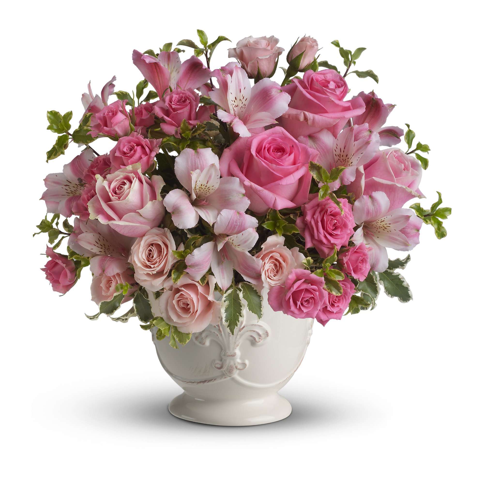 Pink Potpourri Bouquet with Roses - As strong as it is soft, the color pink as it is featured here creates a loving and utterly feminine tribute. Many shades of pink blossoms blend together for an effect that is beautifully subtle and sublime. 