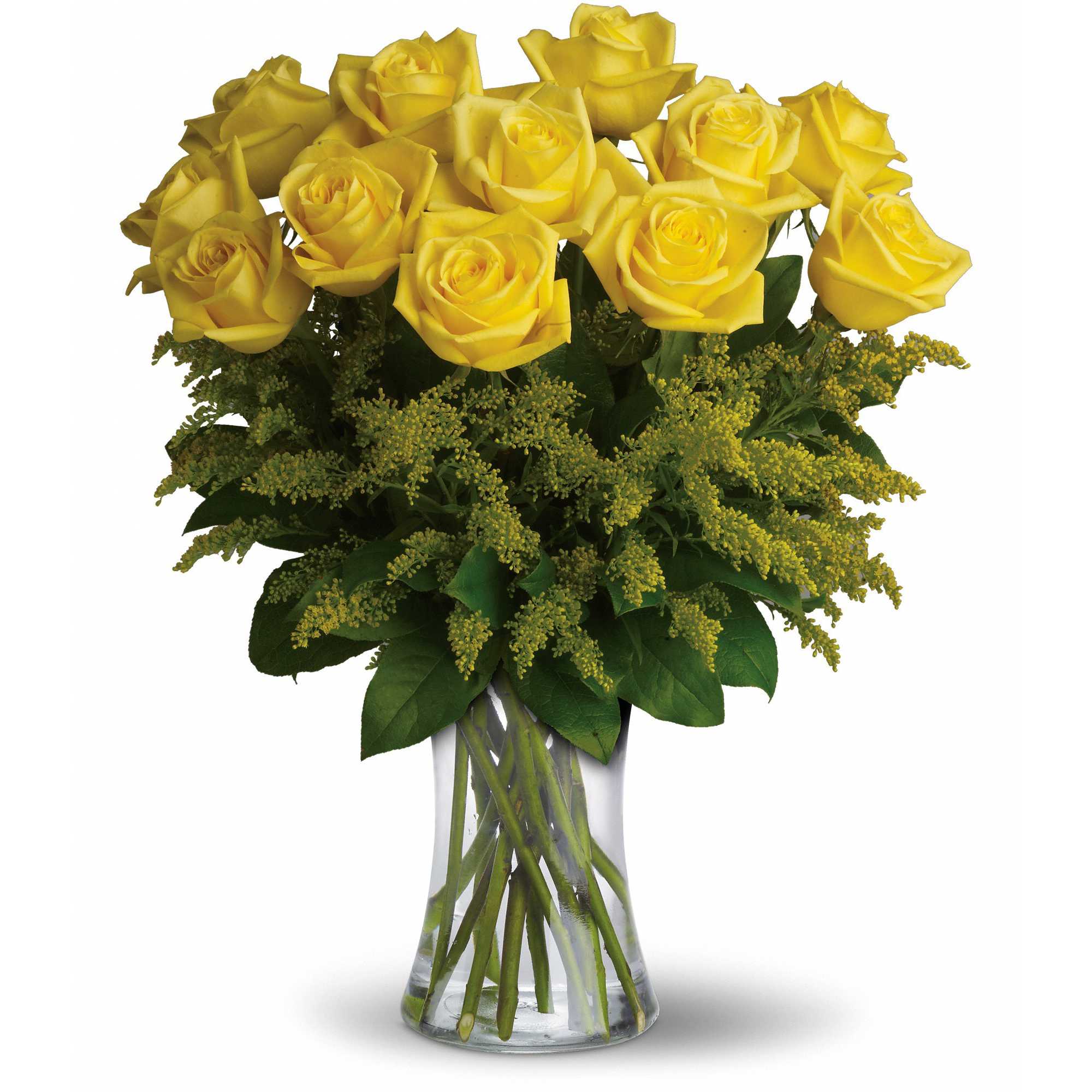 Rosy Glow Bouquet - Yellow roses symbolize friendship, and sending this sunny bouquet of bright yellow flowers is such a beautiful way to celebrate a special bond. Destined to make anyone's day glow, these roses are brilliant!    Glowing yellow roses and solidago mixed with greens are delivered in a clear glass gathering vase. Sunny skies ahead!    Approximately 16" W x 20" H    Orientation: All-Around    As Shown : T70-1A  Deluxe : T70-1B  Premium : T70-1C