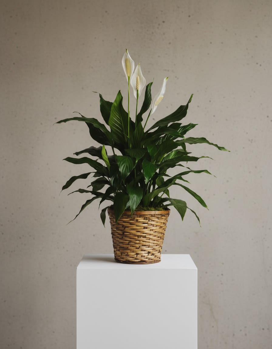 Spathiphyllum Plant  - Our Sympathy Spathiphyllum in a Basket, or more commonly known as a peace lily plant, is a lasting gesture of comfort during a difficult time. Lush green leaves and bright white blooms make this plant a striking visual and a calming and peaceful presence.