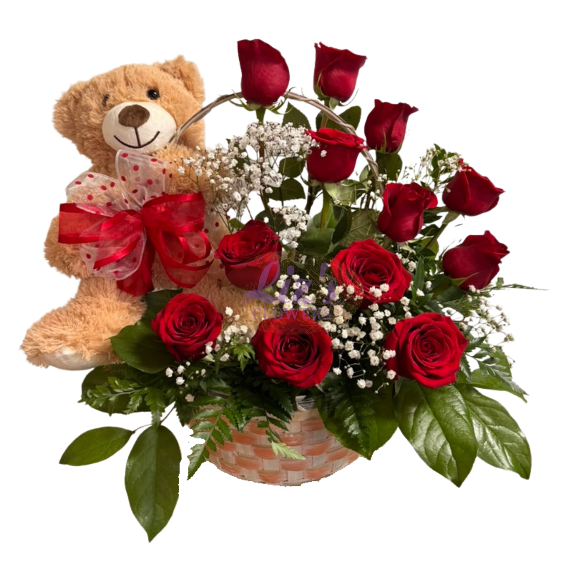 Cuddle &amp; Roses Basket - A charming rose basket filled with rich red blooms and gentle accents, complete with a soft teddy bear.