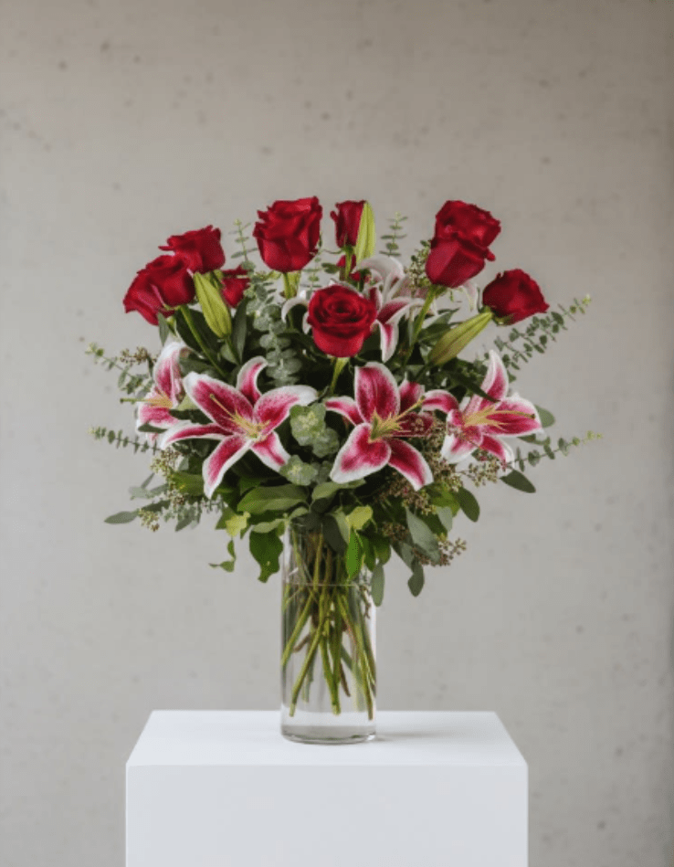 Red Majesty - Discover the timeless elegance of the Red Majesty arrangement from The Rooted Petals Florist. This stunning bouquet features 12 deep red roses, each carefully selected for its vibrant hue, symbolizing love, passion, and admiration. Complementing the rich red roses are soft, fragrant pink lilies that add a touch of sophistication and charm. Designed with lush greenery and arranged with artistry, this bouquet exudes beauty and elegance.  Perfect for flower delivery in Dallas-Forth Worth Metoplex, the Red Majesty arrangement is an ideal gift for any special occasion, including anniversaries, birthdays, or to express your deepest emotions. Whether you are celebrating love or offering a heartfelt gesture, this bouquet captures the essence of romance and grandeur. Delivered fresh and beautifully arranged, it’s the perfect way to enchant and delight someone you care about.