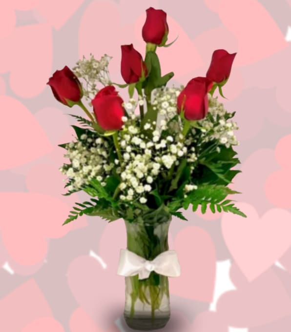 Half Dozen Red roses - 6 roses in vase with greens and babies breath. Perfect for a desk.  