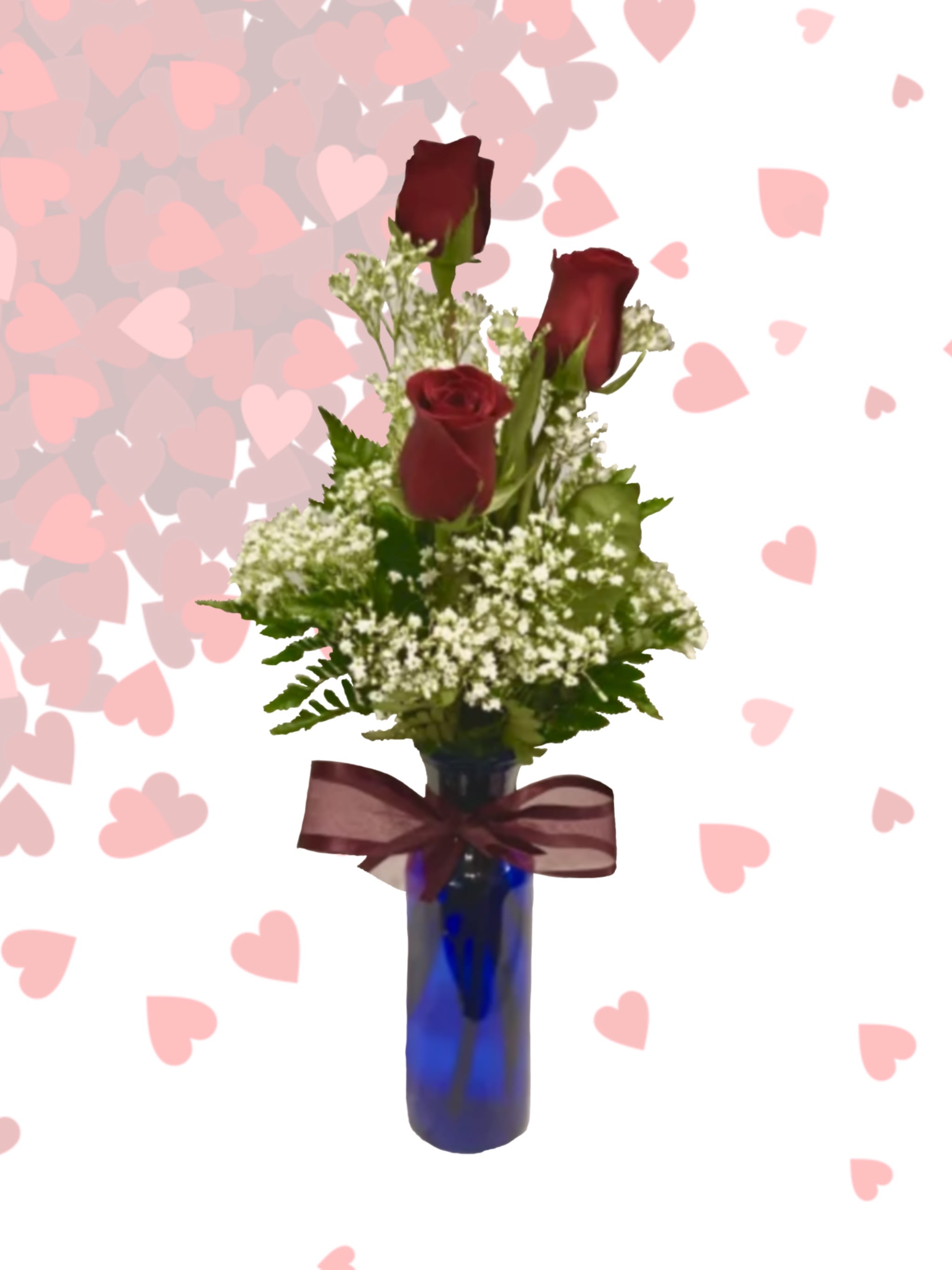 Triple rose vase - Three red roses in a vase with babies breath 