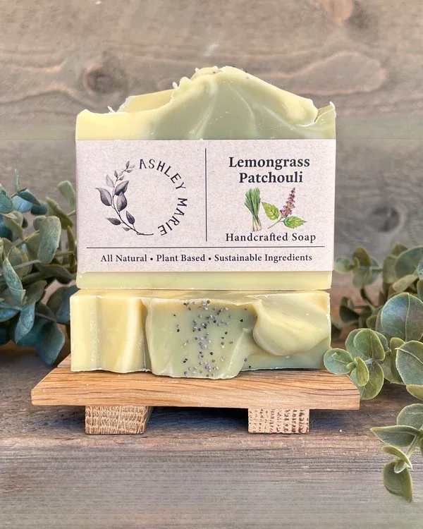 Ashley Marie Soap - Lemongrass Patchouli - The Lemongrass Patchouli soap has a light, fresh citrus scent that smells just like a field of fresh lemongrass with earthy notes of patchouli. It leaves that subtle musky scent on your skin throughout the day and is great for either your morning shower or in the kitchen as a hand soap.  Feel revitalized, fresh and clean. For all Hippies at heart, you will TOTALLY fall in love with this bar! 
