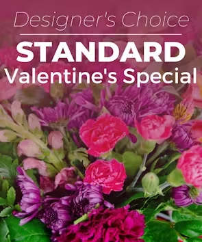 Valentine's Special Designer's Choice Standard - Rushing to get your Valentine something special? Can't decide on which arrangement you like best? Let our professional floral designers create a fresh and beautiful bouquet of our finest seasonal flowers to accommodate your price range!   Please note - the pictured arrangement is an example will NOT NECESSARILY be the one you receive!