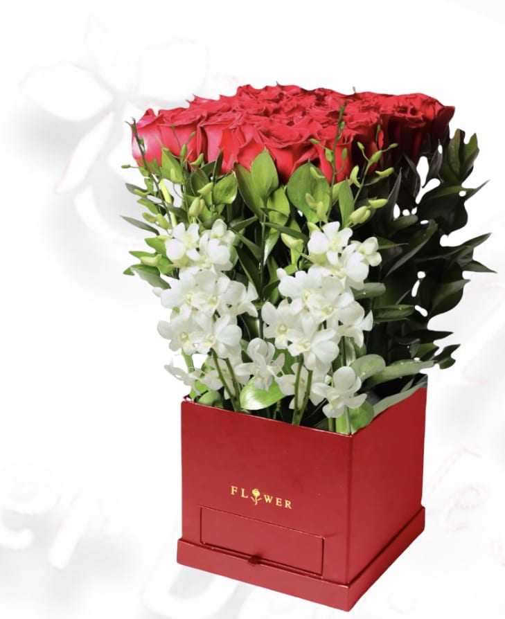 Drawer Box Of Premium Red Roses &amp; Orchids Free mystery Jewelry  - Send one of a kind luxurious gift. Red flower box with 18 or 24 premium red roses and  white dendrobium orchids accented with a free mystery jewelry inside the drawer, arranged in a red flower box. Floral Hat Box size is 8"x8"x7.5"