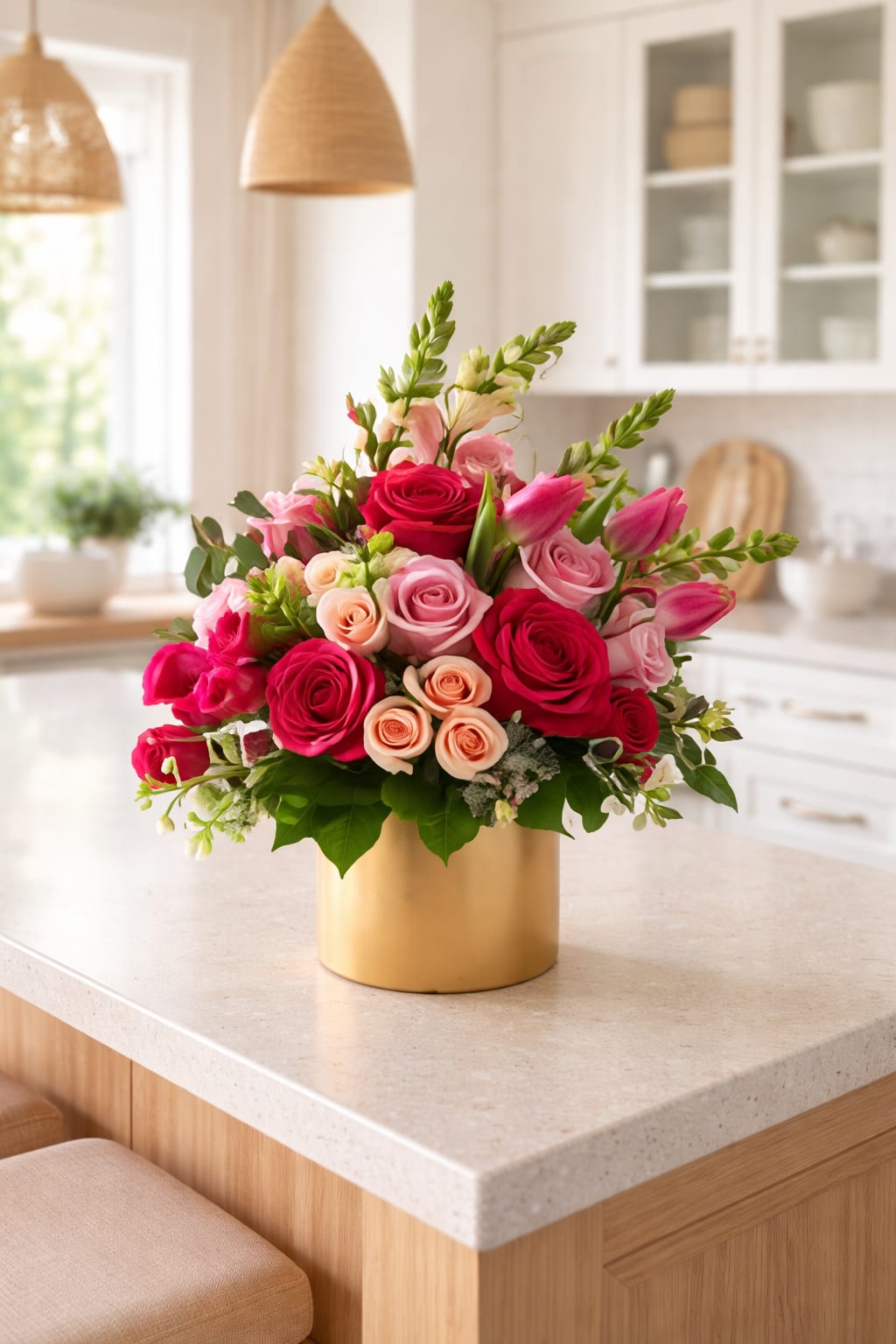 Shades of Pink - Shades of Pink Flower Arrangement in Gold Vase  Show someone special how much you care with this vibrant and stylish Shades of Pink flower arrangement. Designed in a modern 5x5 gold ceramic cylinder, this eye-catching bouquet features a lush mix of snapdragons, hot pink and light pink roses, spray roses, and pink tulips, artfully arranged for a full, elegant look.  The one-sided design makes it perfect for display on a kitchen island, entryway table, desk, or coffee table, instantly brightening any room. Soft pink tones bring warmth, joy, and a romantic touch to both modern and classic interiors.  Ideal for anniversaries, thank-you gifts, or just because, this arrangement is a thoughtful way to celebrate loved ones near and far. Handcrafted with fresh, premium blooms, it’s designed to be enjoyed for days to come.  Choose this beautiful pink floral design today and let your gift speak from the heart.