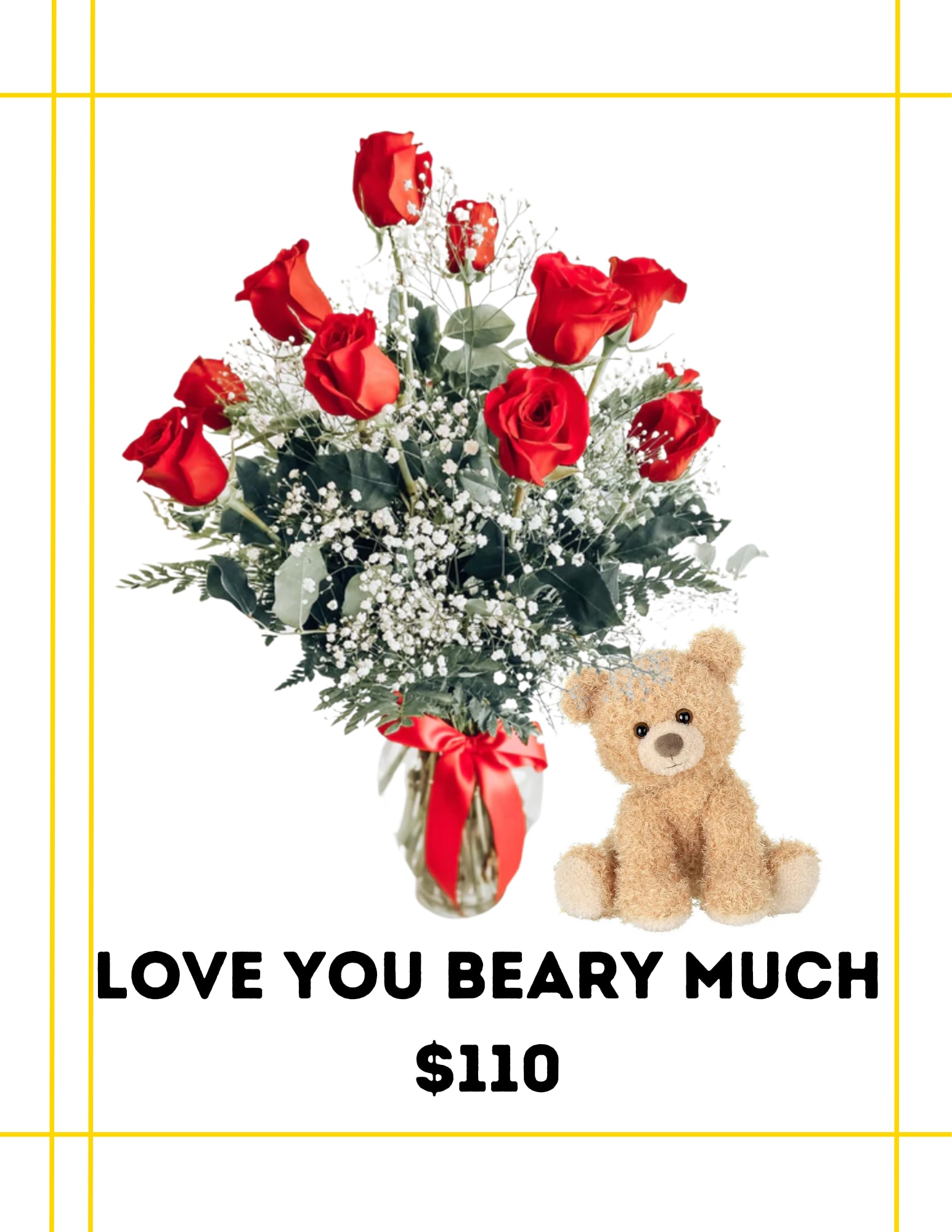 Love You Beary Much - 1 Dozen Long Stemmed Roses paired with our favorite Teddy Bear "Curlie." Save by bundling these together. 