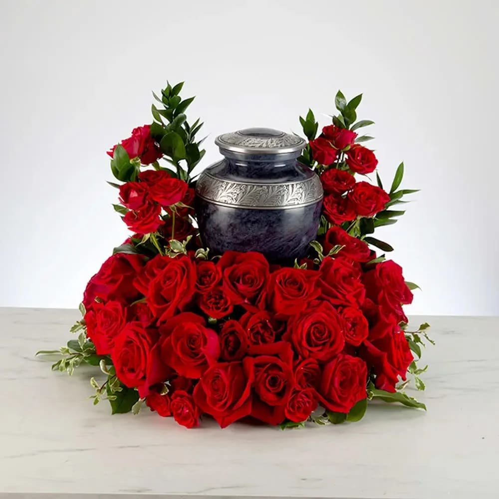 Always and Forever by BloomNation™ - Pure red roses and greenery come together to create this beautiful urn arrangement. Celebrate and honor their memories with this memorial.   Urn is not included.