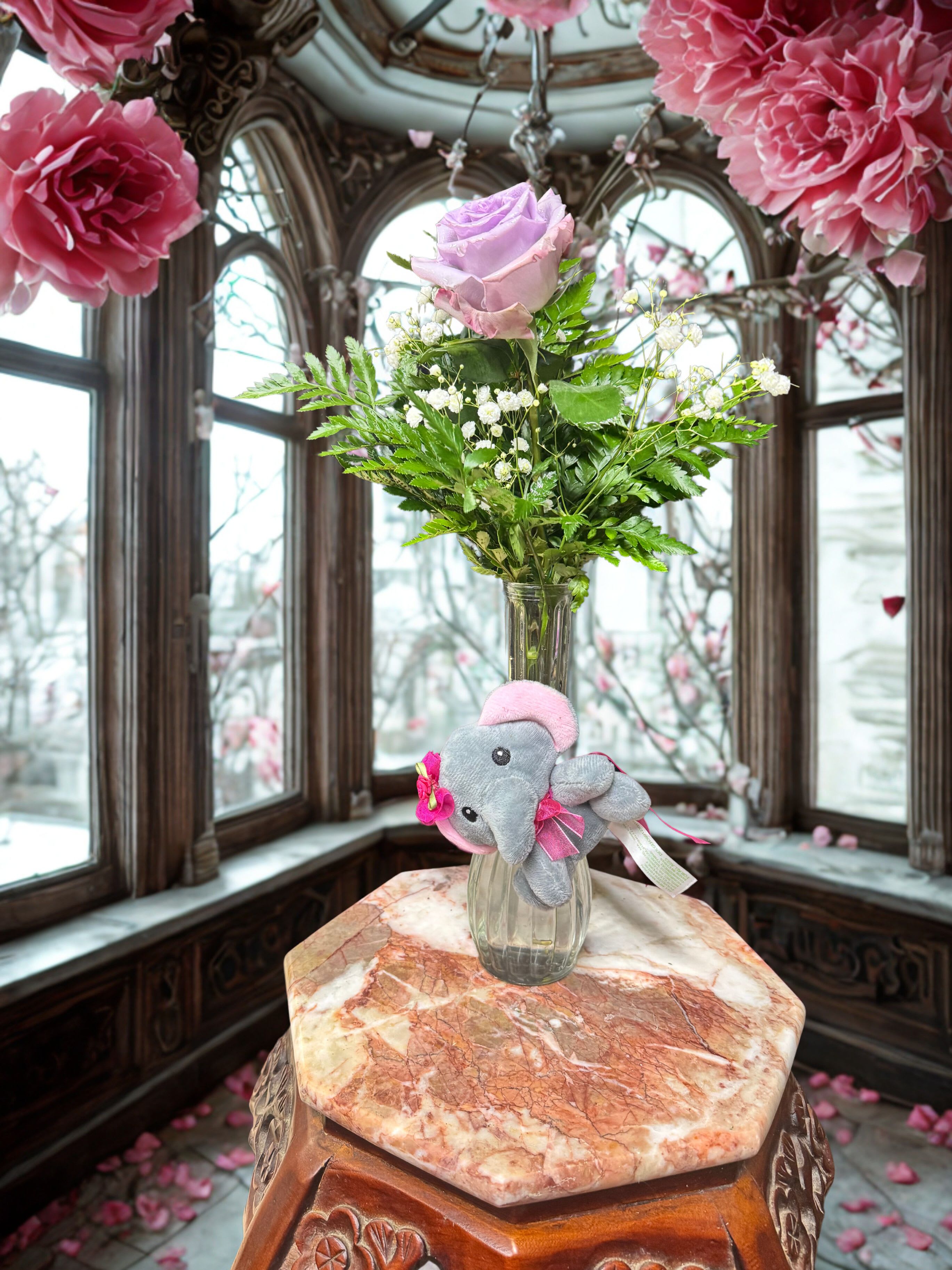 Lil Love Bug  - Single rose in a bud vase with small stuffed animal 