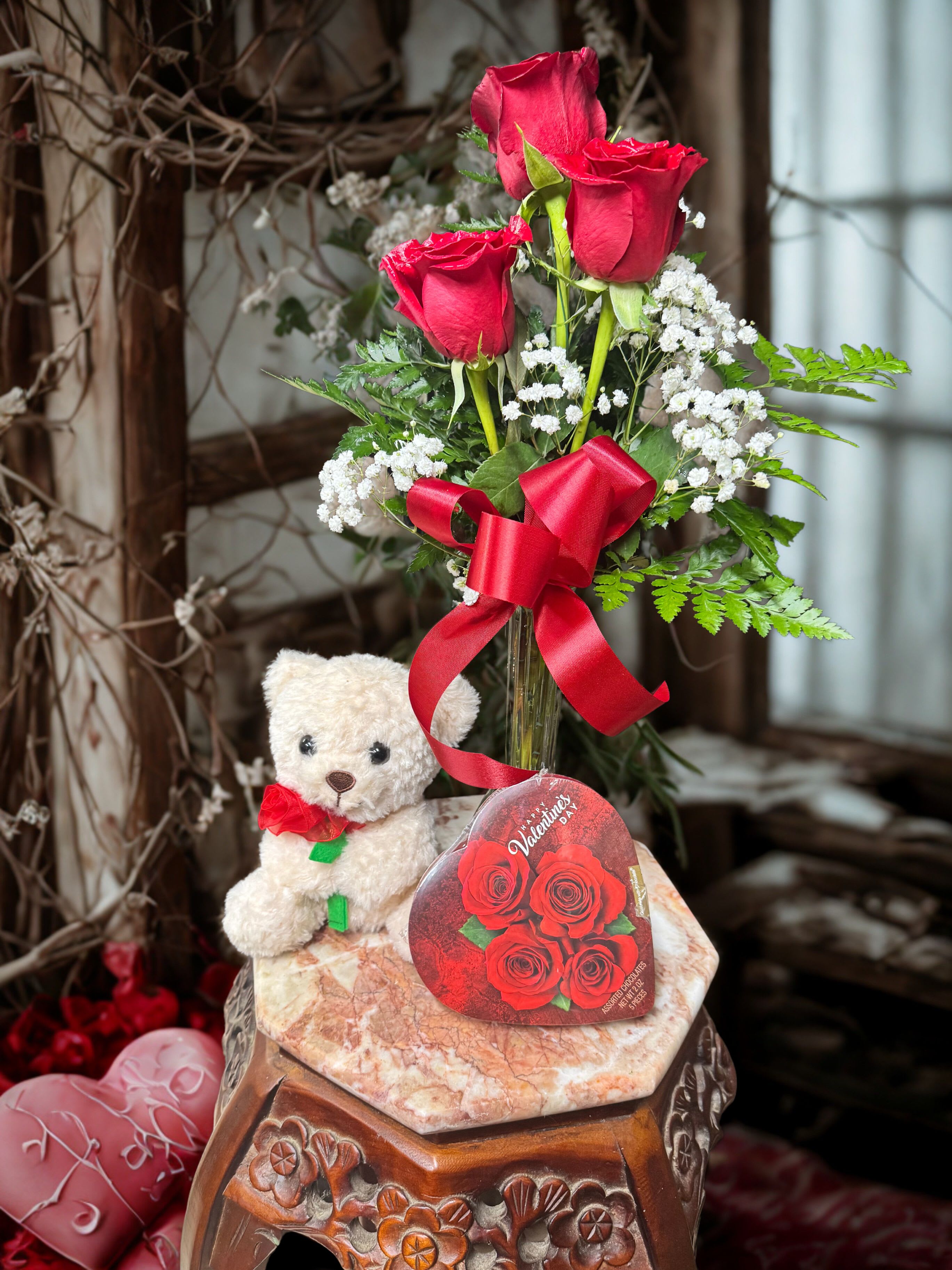 Sweetheart Snuggle  - 3 roses,  7"  bear, and Elmer’s chocolate heart 
