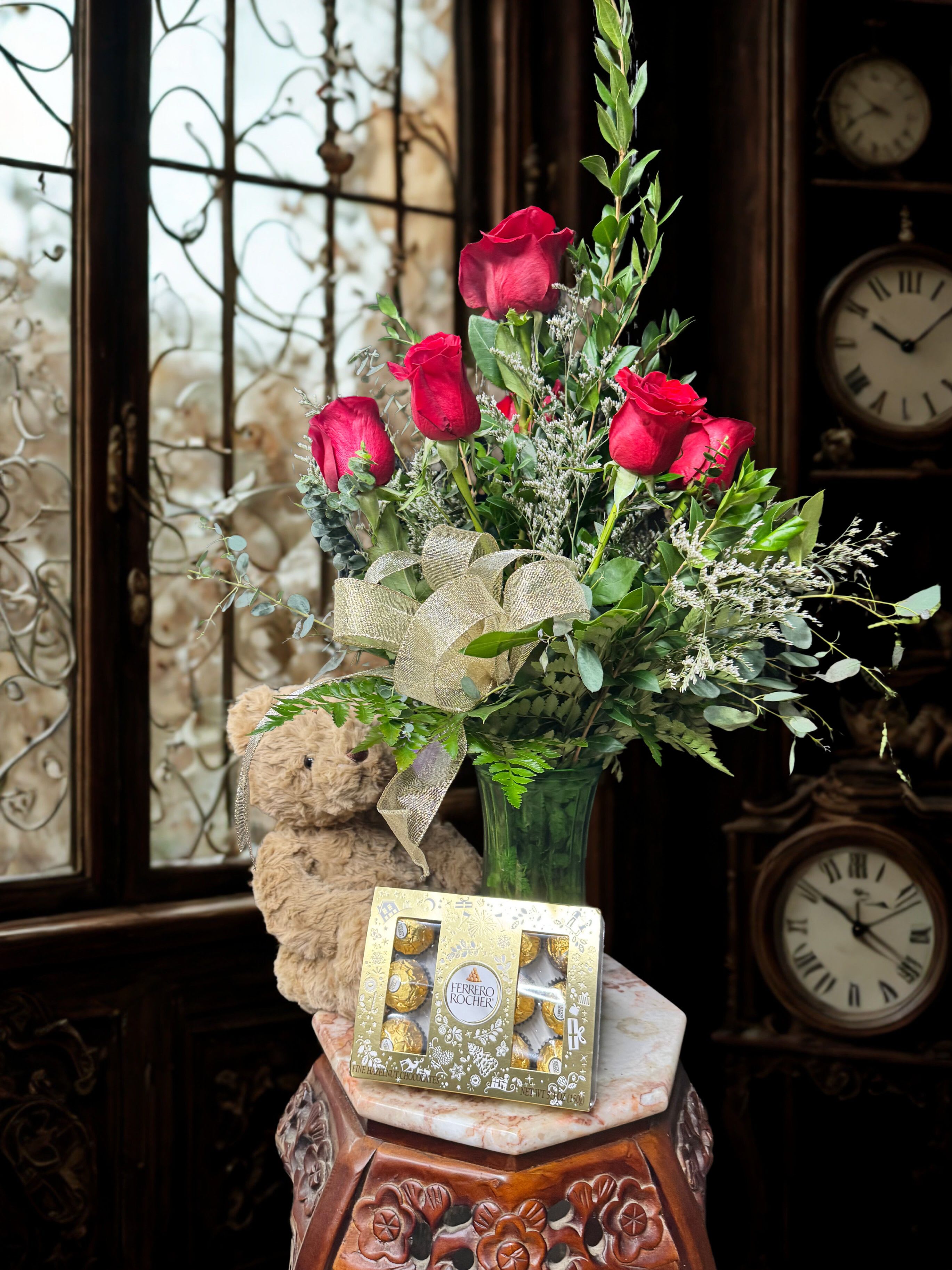 Valentine Trio - 1/2 Dozen Roses, Decadent Chocolates,  10"Plush Bear