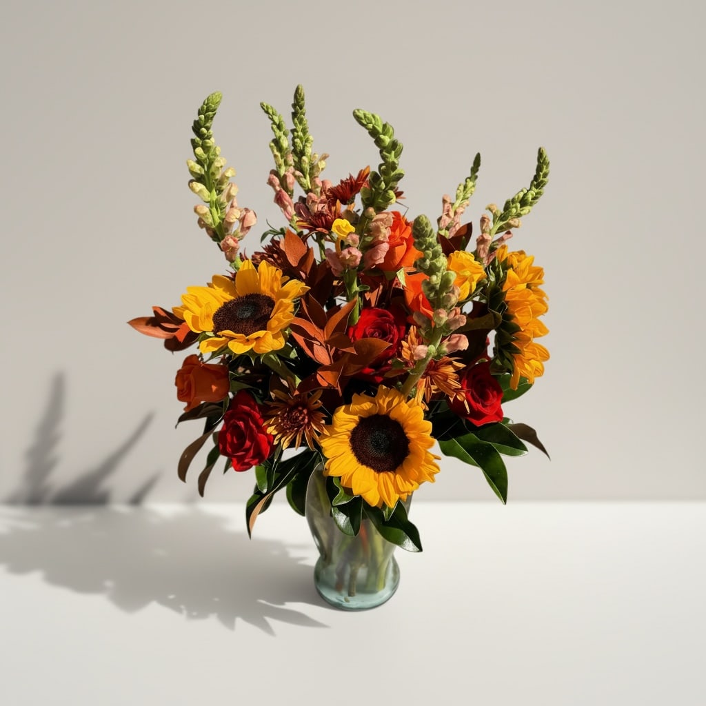 Cheers to Fall  - Say hello to the new season with this tower of fall flowers! Featuring a wide array of seasonal blooms, this arrangement has something for everyone, and is sure to bedazzle whoever welcomes it into their life. Cheers to someone in your life with this fall flower tower.  Vase/container subject to change