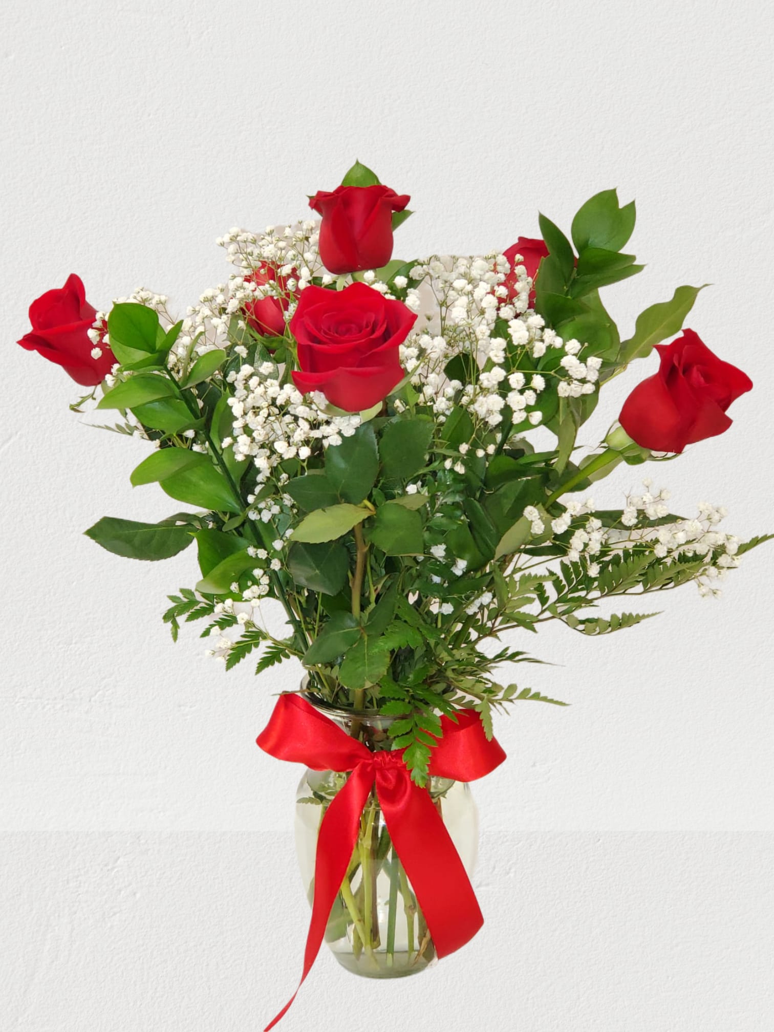 6 red roses in a vase  - 6 beautiful red roses in a vase with baby breath and greens  