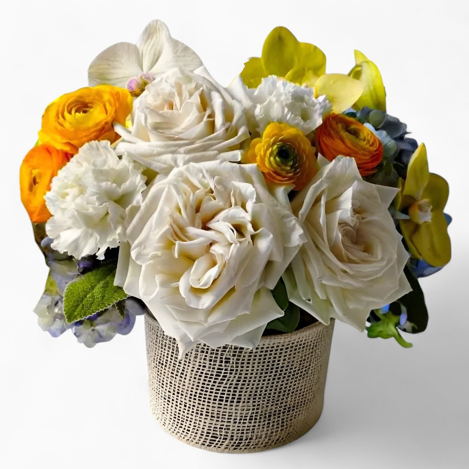 With Condolences Designer's Choice - Roses orchids  and more arranged in a tall modern glass cylinder vase. Perfect to send as a condolences to show them how much you care. All of my bouquets are always made extra special and unique each and every time. Send them your condolences.