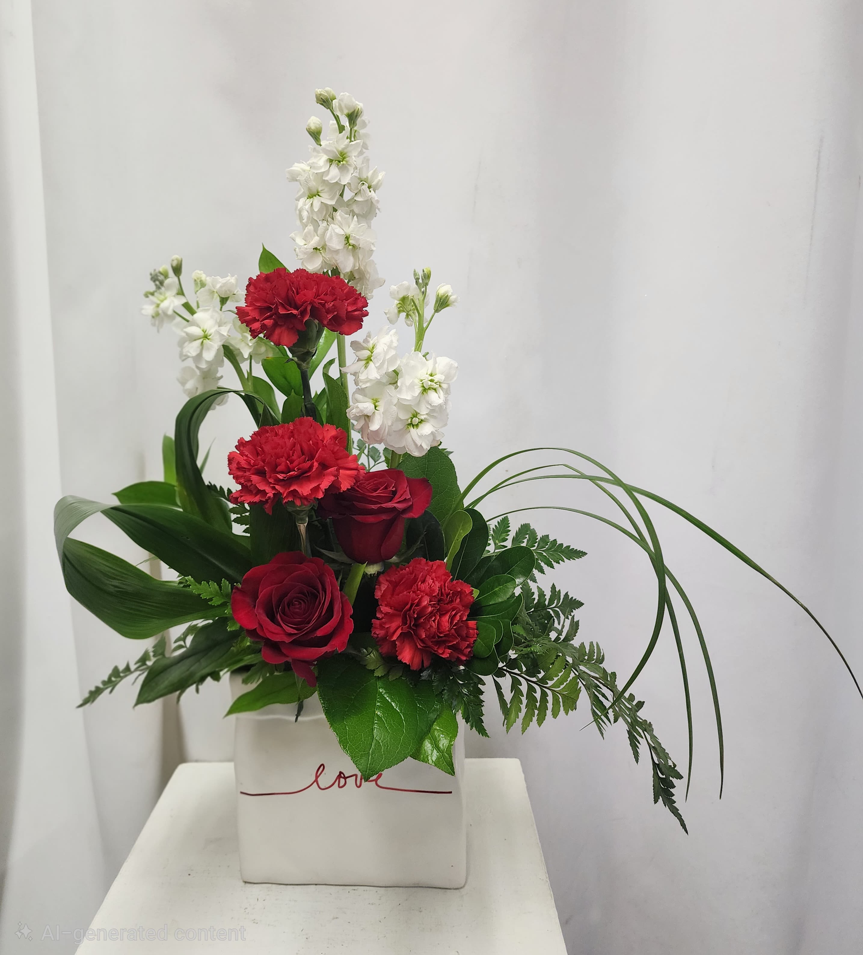 Love in Red - Celebrate Love with this elegant floral arrangement with red roses, red carnations and white stock. Fragrant and surrounded by designer greens in a keepsake ceramic vase -  with “love” imprinted.  