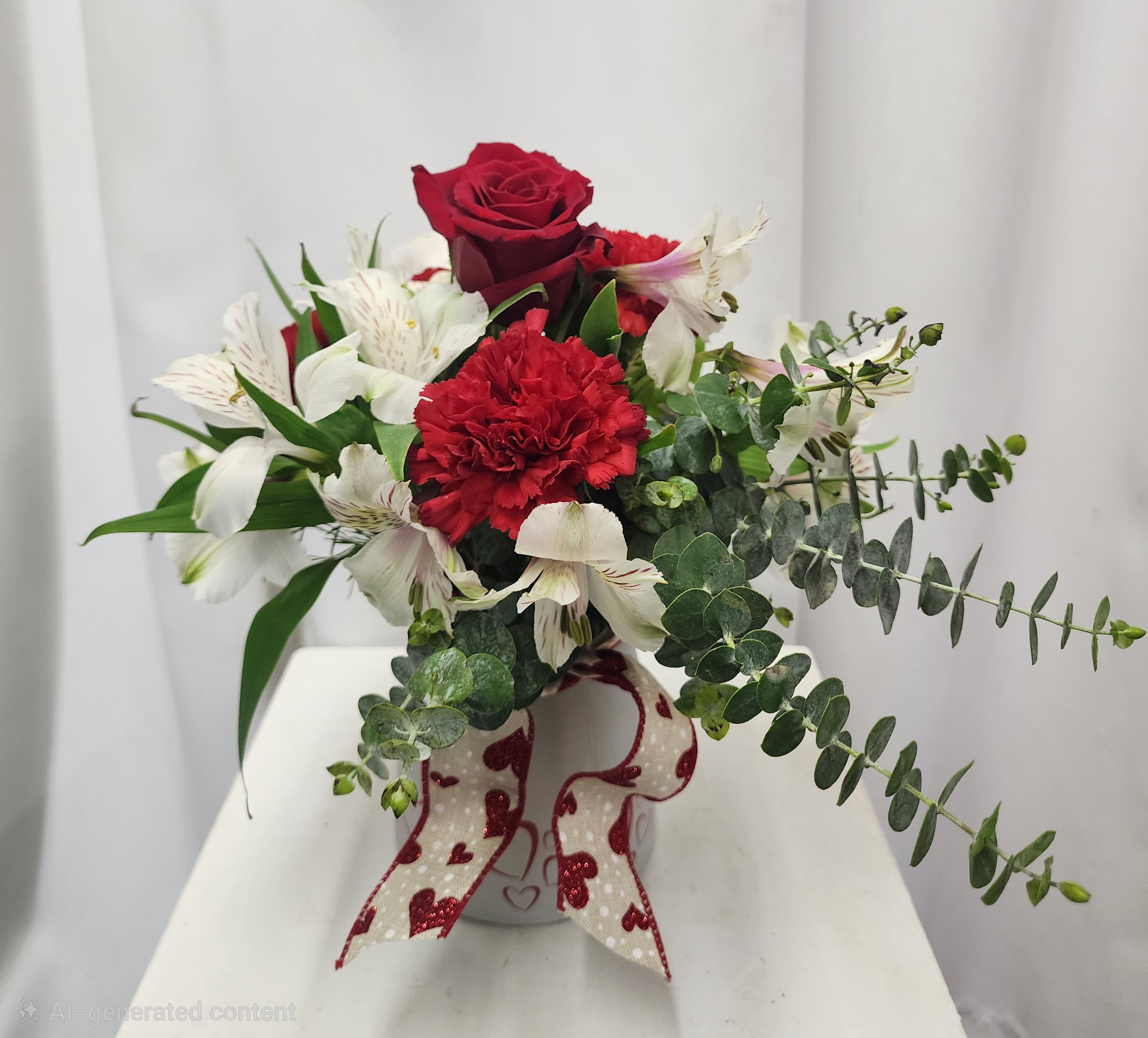Valentine Hearts - Small and mighty sending the message of love. Vase with red hearts and a single red rose nestled in the midst of red carnations, white alstroemeria and pops of baby blue eucalyptus.  Says I love you a little and A LOT! 