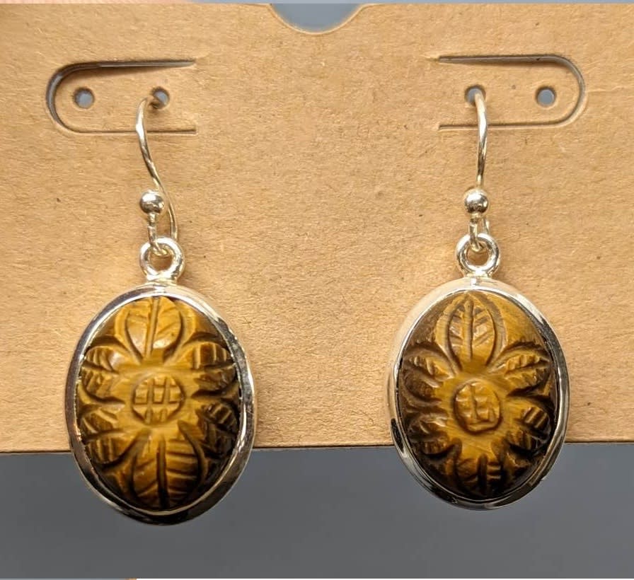 Engraved Tiger's Eye Earrings - Unique Engraved Tiger's Eye Earrings, with amazing gold sheen; set in sterling silver