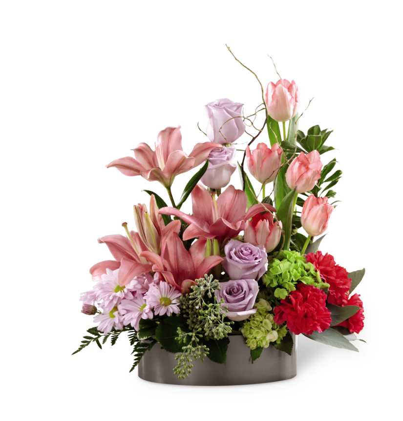 The FTD Garden of Grace Planter - The FTD Garden of Grace Planter is a gorgeous display of floral sophistication. Pink tulips, lavender roses, fuchsia carnations, pink Asiatic lilies, lavender daisies, green mini hydrangea and an assortment of lush greens are accented by curly willow tips in a metal oval container to create an arrangement of exquisite eye-catching beauty your special recipient is sure to love. Arrangement includes 18 stems. Approx. 17âH x 17âW.