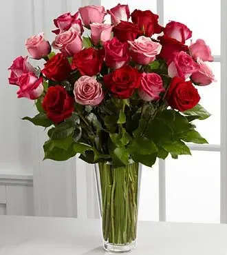 Two Dozen roses romantic colors. - To dozen gorgeous roses in romantic shades arranged in a clear glass vase