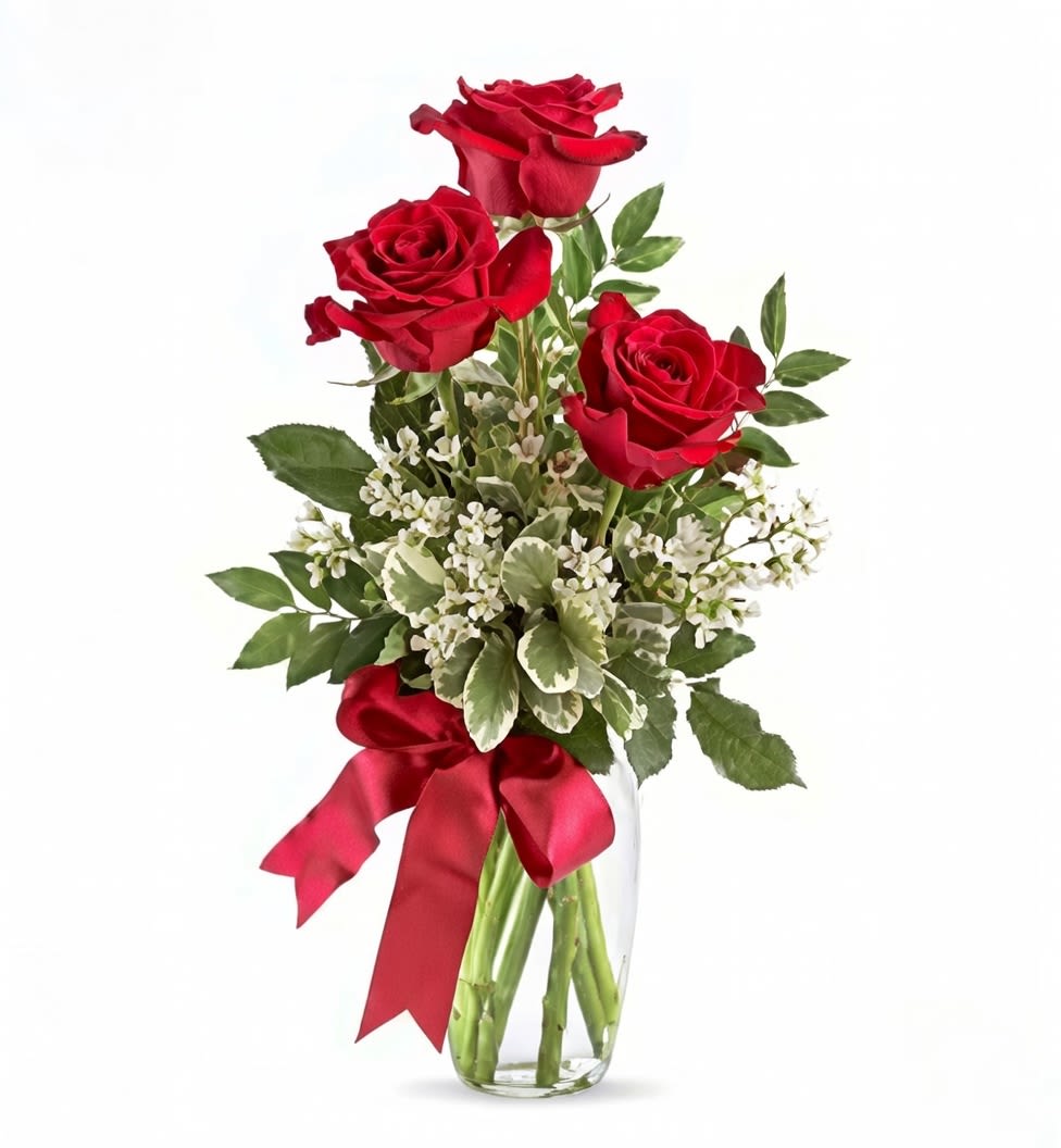 Cherished Three (AVAILABLE FOR IN-STORE PICKUP ONLY) - A perfect expression of understated elegance, this charming arrangement features three premium long-stemmed roses in your choice of color—whether passionate red, soft pink, pure white, or any hue that speaks to the moment.  Please let us know in "notes" section of order, which color you would like.  Vase, filler, and ribbon may vary due to availability.