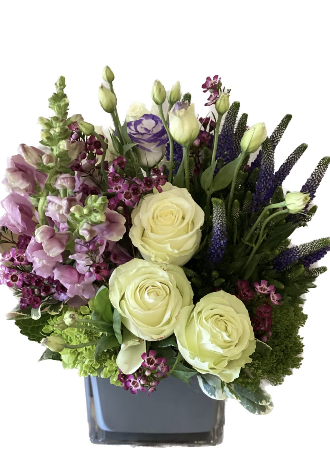 Love Language  - A gorgeous arrangement of lavenders, creams and pale blues. Designed in chic grey glass.