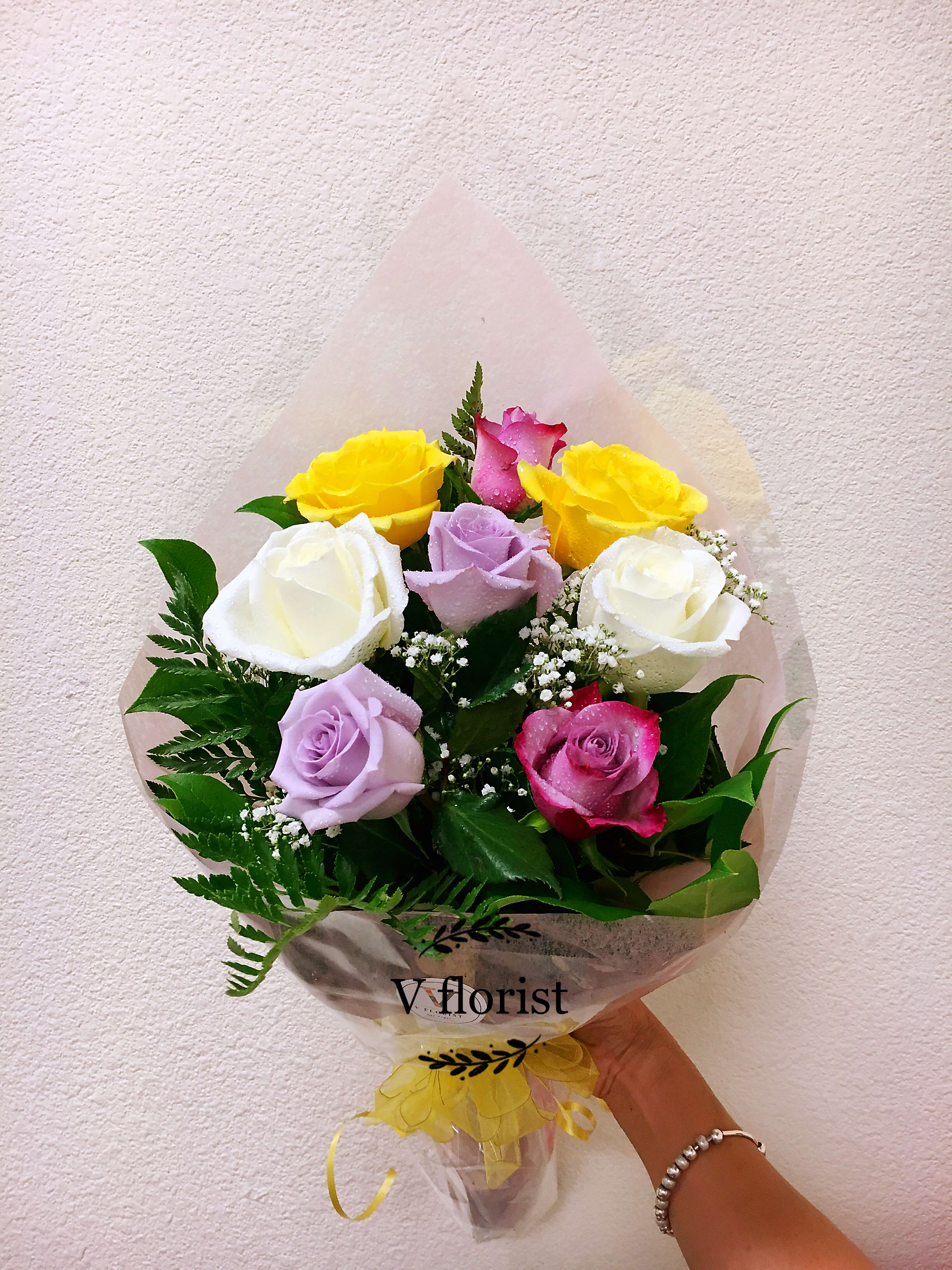 Simple Wrapping Bouquet Version 2 - Simple style wrap bouquet with 8 assorted color roses and fillers. 