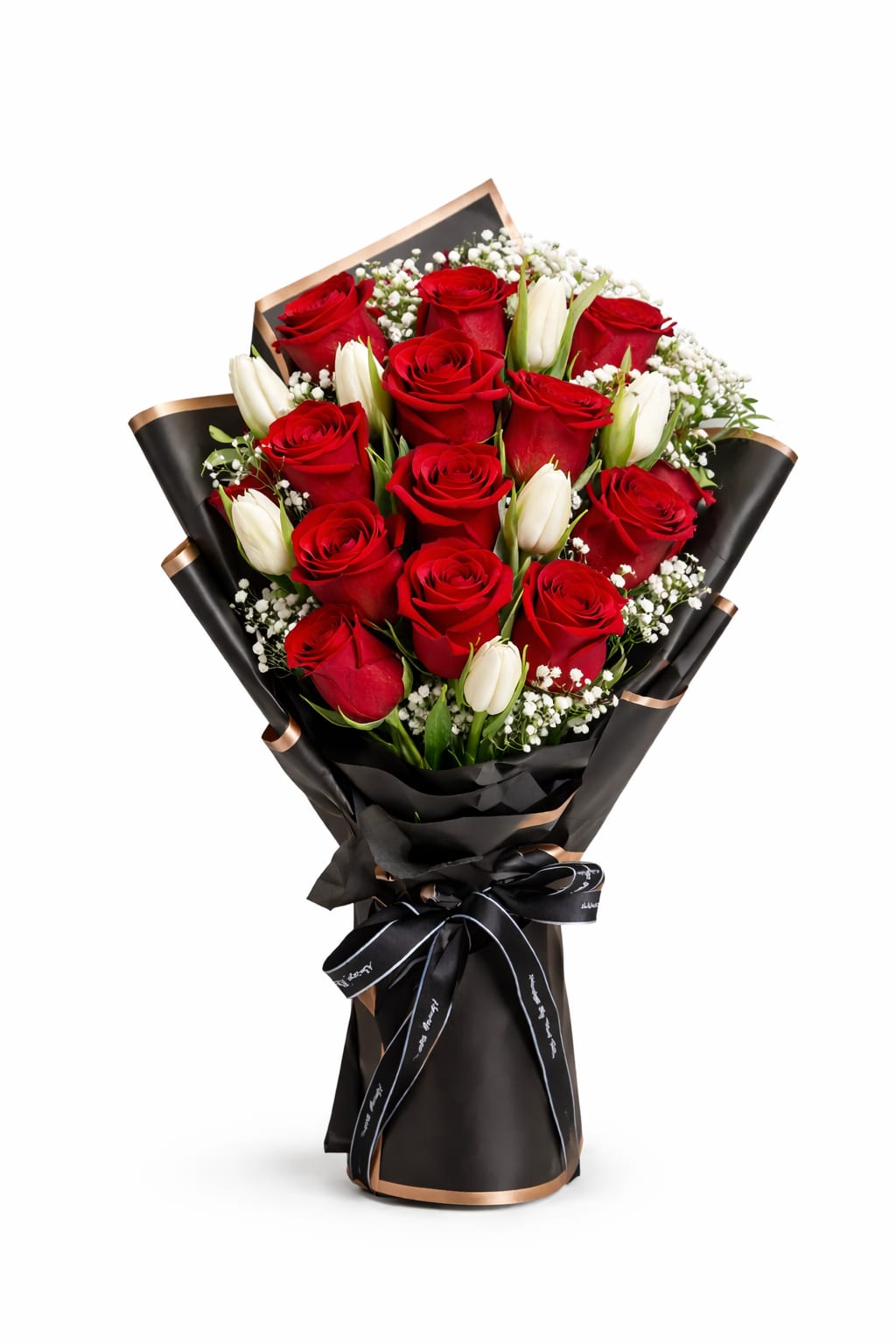 Red Roses &amp; White Tulips Luxury Bouquet - A timeless luxury bouquet featuring premium red roses, elegant white tulips, and airy baby’s breath—wrapped in sleek black paper with a satin bow for a high-end finish. Perfect for Valentine’s Day, anniversaries, birthdays, or “just because.”