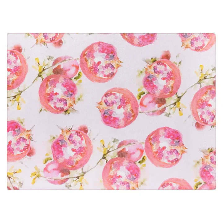 Pomegranate Charcuterie Board - Lush watercolor pomegranates wash this large charcuterie board in painterly color, setting a vibrant scene for cheeses, fruits, and small bites. Crafted of durable tempered glass, its smooth, non-porous surface resists stains and odors and wipes clean for effortless everyday entertaining. Approximate dimensions are 12 x 8 x .25 inches.