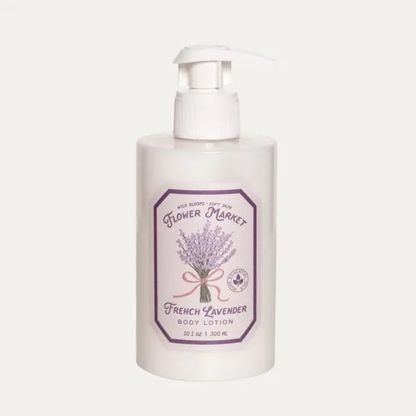 French Lavender Body Lotion 10 oz – Flower Market - Made with pure lavender essential oil, this botanical lotion absorbs easily to hydrate and soften the skin. Shea butter and jojoba oil nourish without heaviness, leaving a light, natural scent – like a fresh bouquet from a morning market.  No parabens. No synthetic dyes.