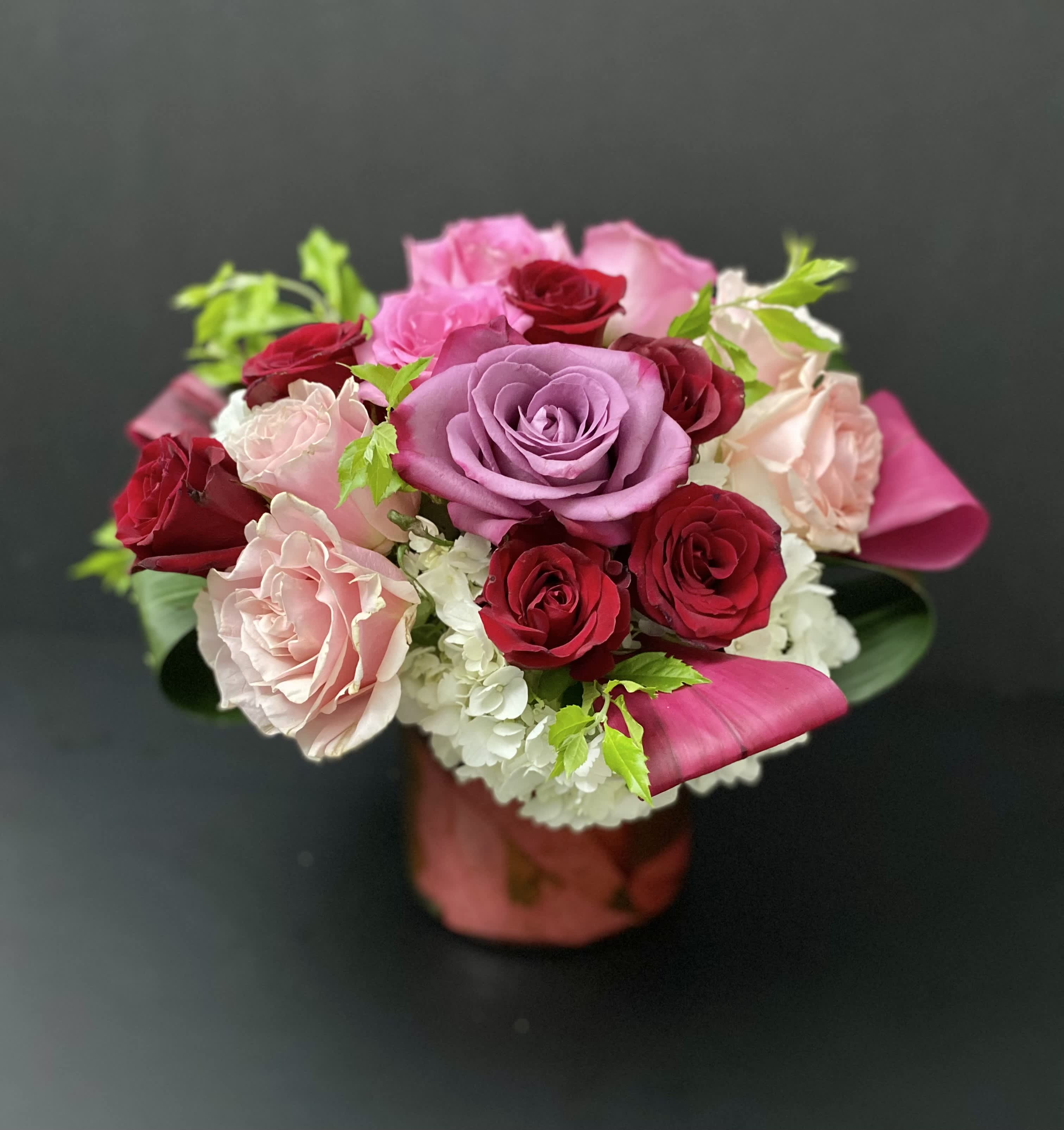 V- Roses  - Mixed color roses in cylinder glass vase 