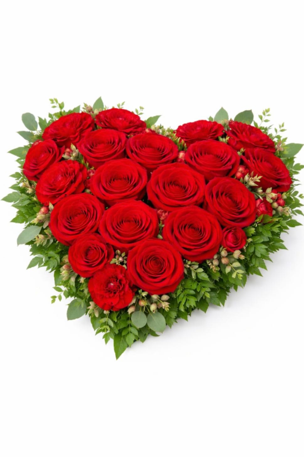 Red Rose Heart Design™ - A stunning heart-shaped arrangement made with premium red roses and lush greenery. Bold, passionate, and unforgettable—this design speaks straight from the heart.  Better for: Valentine’s Day, anniversaries, engagements, romantic occasions, I love you. 