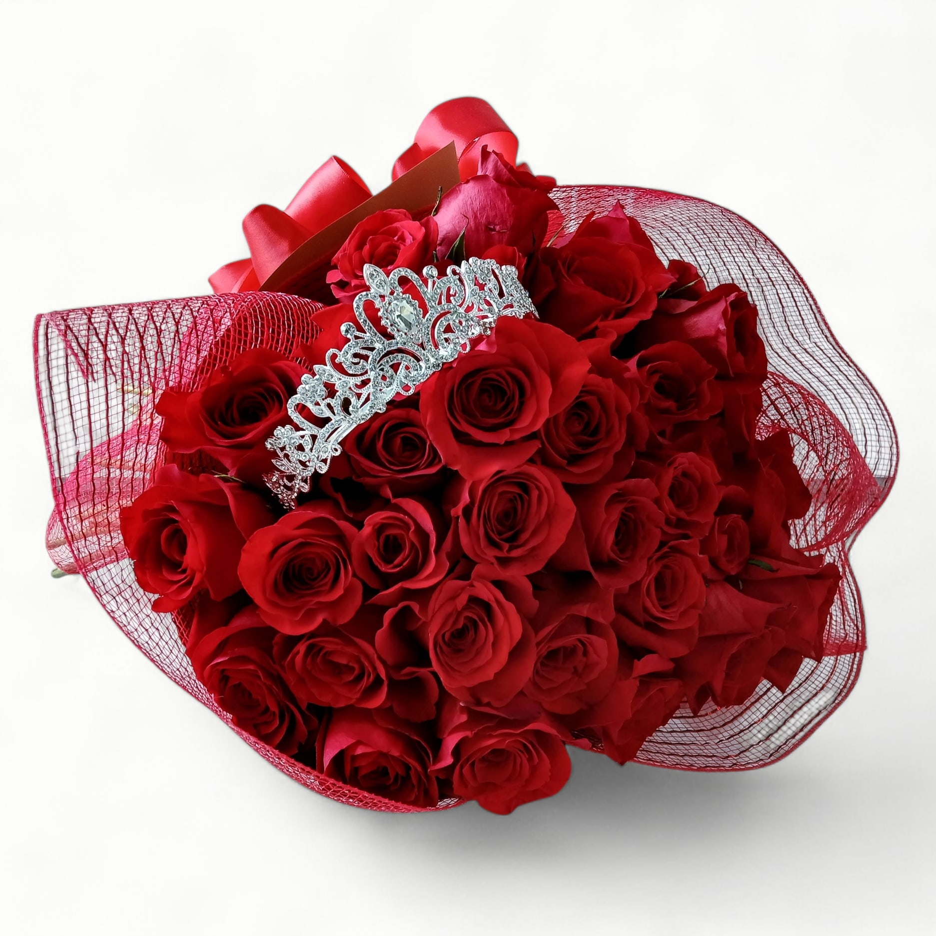3 Dozen Red Rose Tiara Bouquet - 36 red rose bouquet wrapped in beautiful red wrap with a long red flowing ribbon bow adored with a gorgeous rhinestone tiara for her to wear. Send love and happiness.