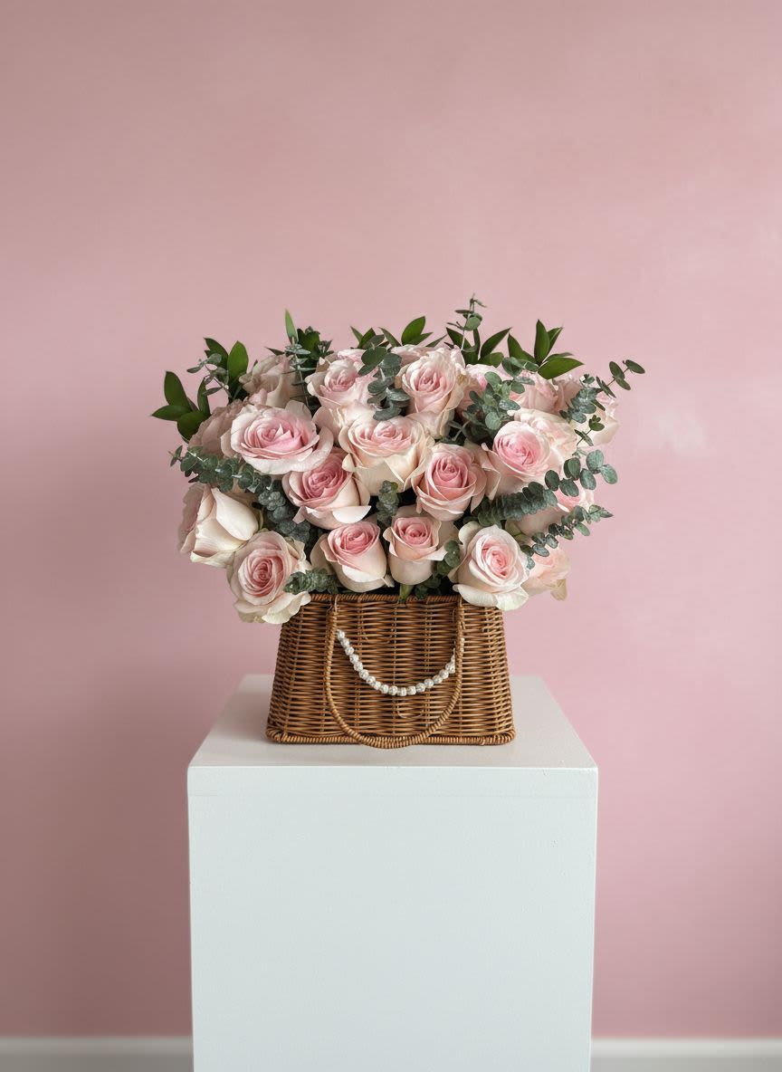 Pink Elegance Basket - A timeless and elegant arrangement that never goes out of style. This design features 25 premium pink roses accented with fresh eucalyptus, beautifully arranged in a natural wicker basket for a classic and refined finish. Perfect for anniversaries, romantic gestures, special occasions, or expressing love and admiration in a meaningful way.  Note: Greenery and flower shades may vary slightly depending on seasonal availability.