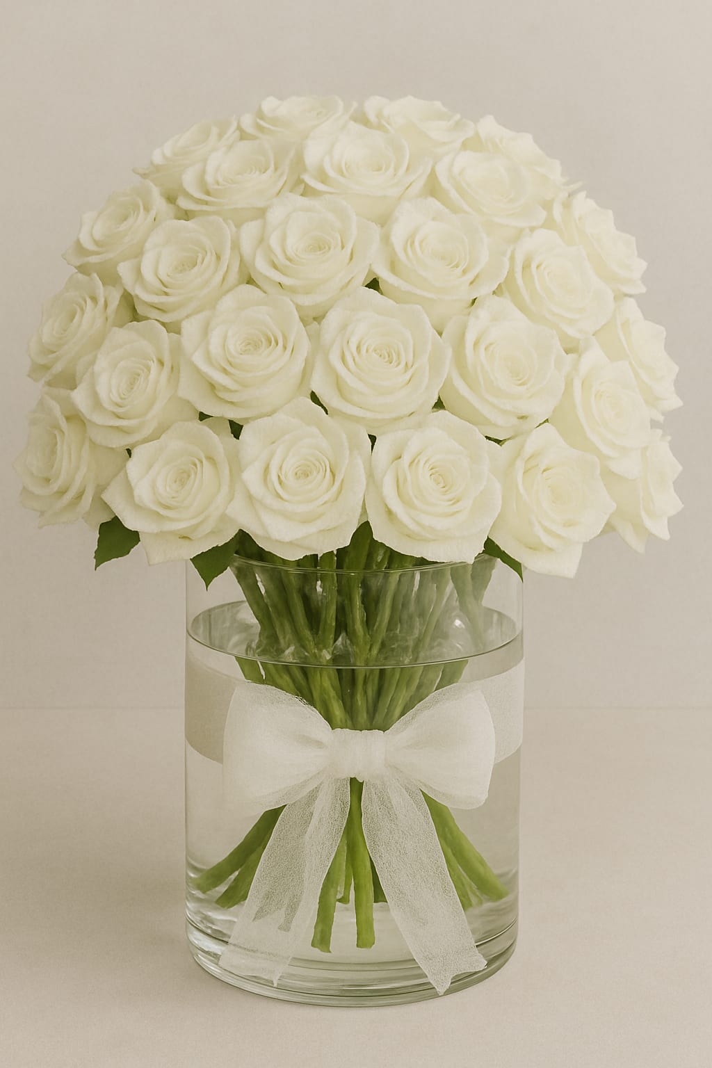 White Rose Glass Vase Arrangement  - Premium white roses in a glass vase with a decorative ribbon.