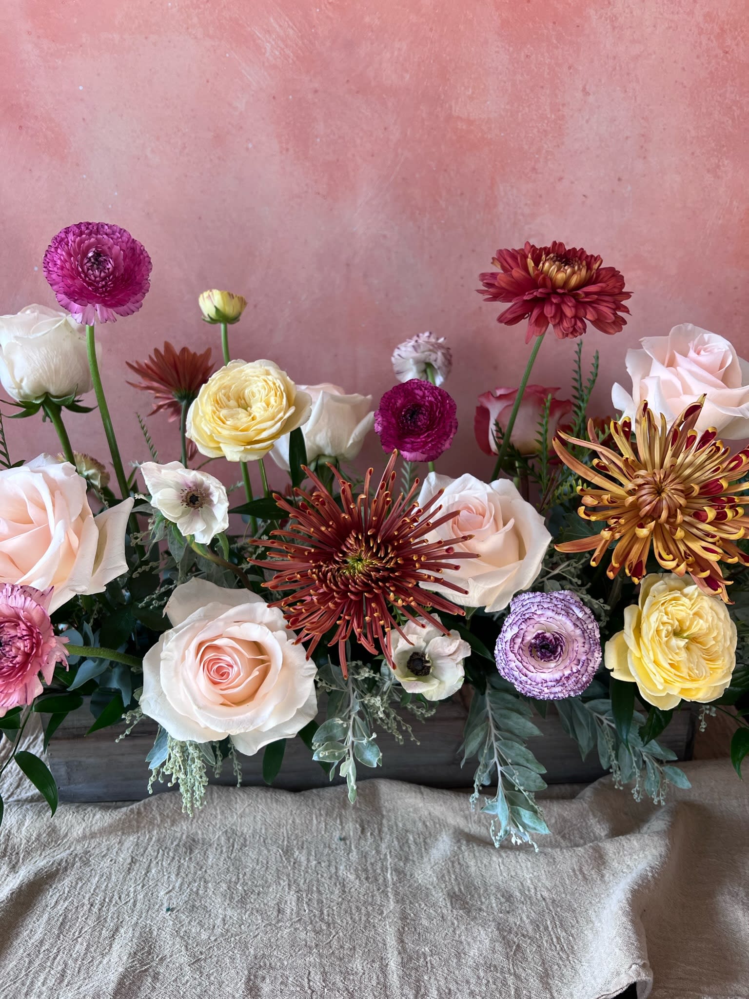 WOODEN PLANTER ARRANGEMENT, XL - A 20” long rectangular wooden planter. This arrangement is a stunner.